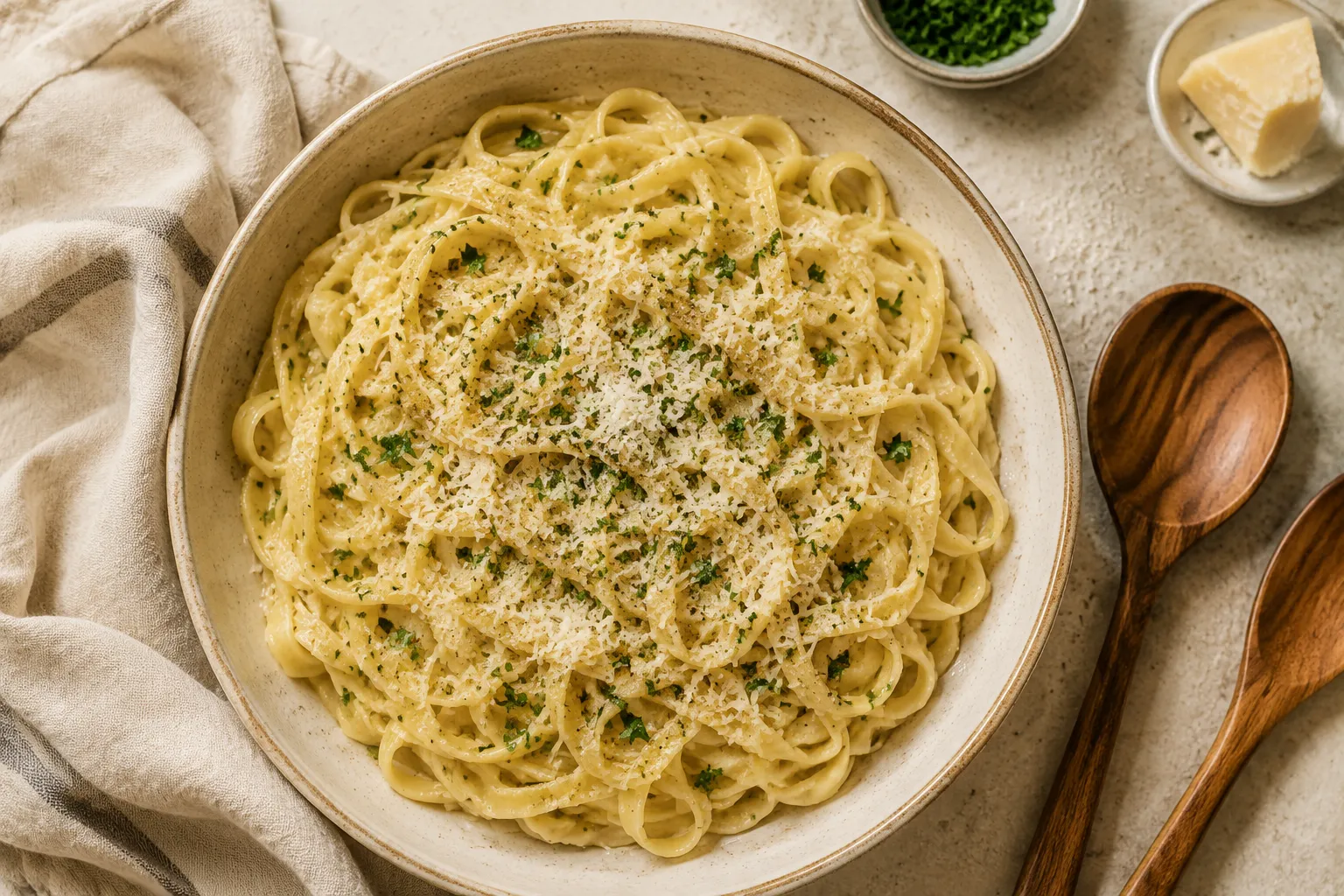 Finished butter noodles recipe in a serving bowl with Parmesan and parsley