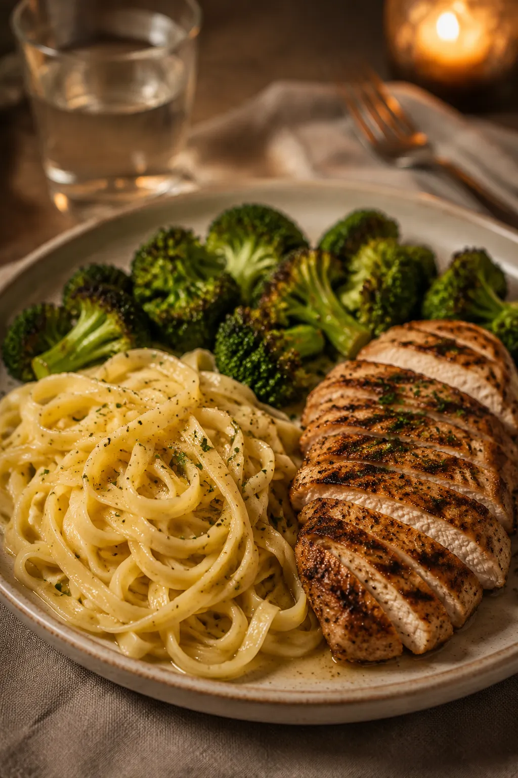 Butter noodles served with grilled chicken and broccoli for dinner