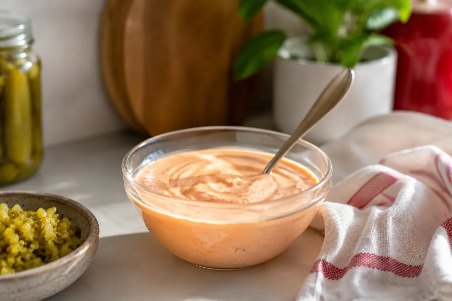 Homemade thousand island dressing in a glass bowl with pickles