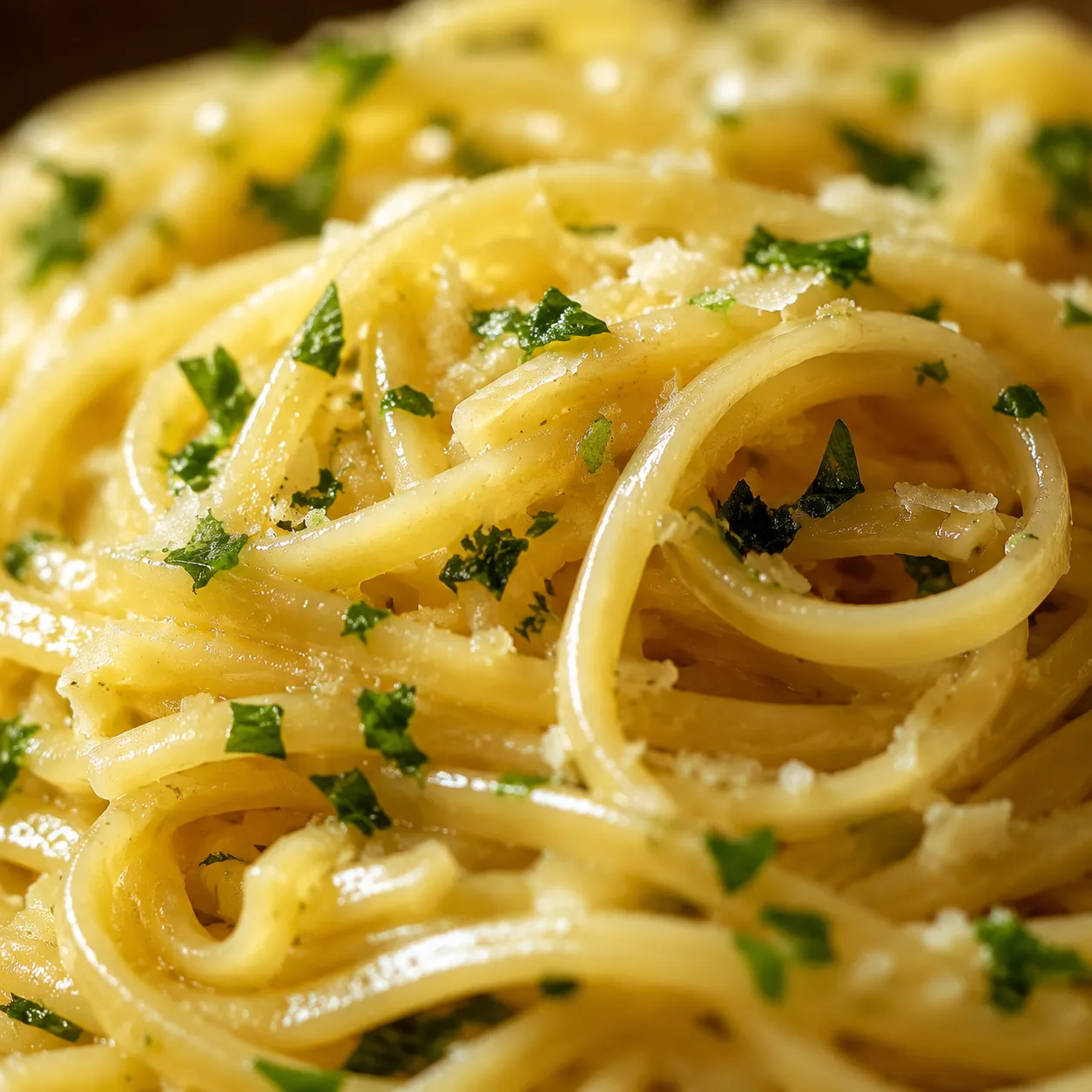 Macro close-up of buttered noodles with melted Parmesan