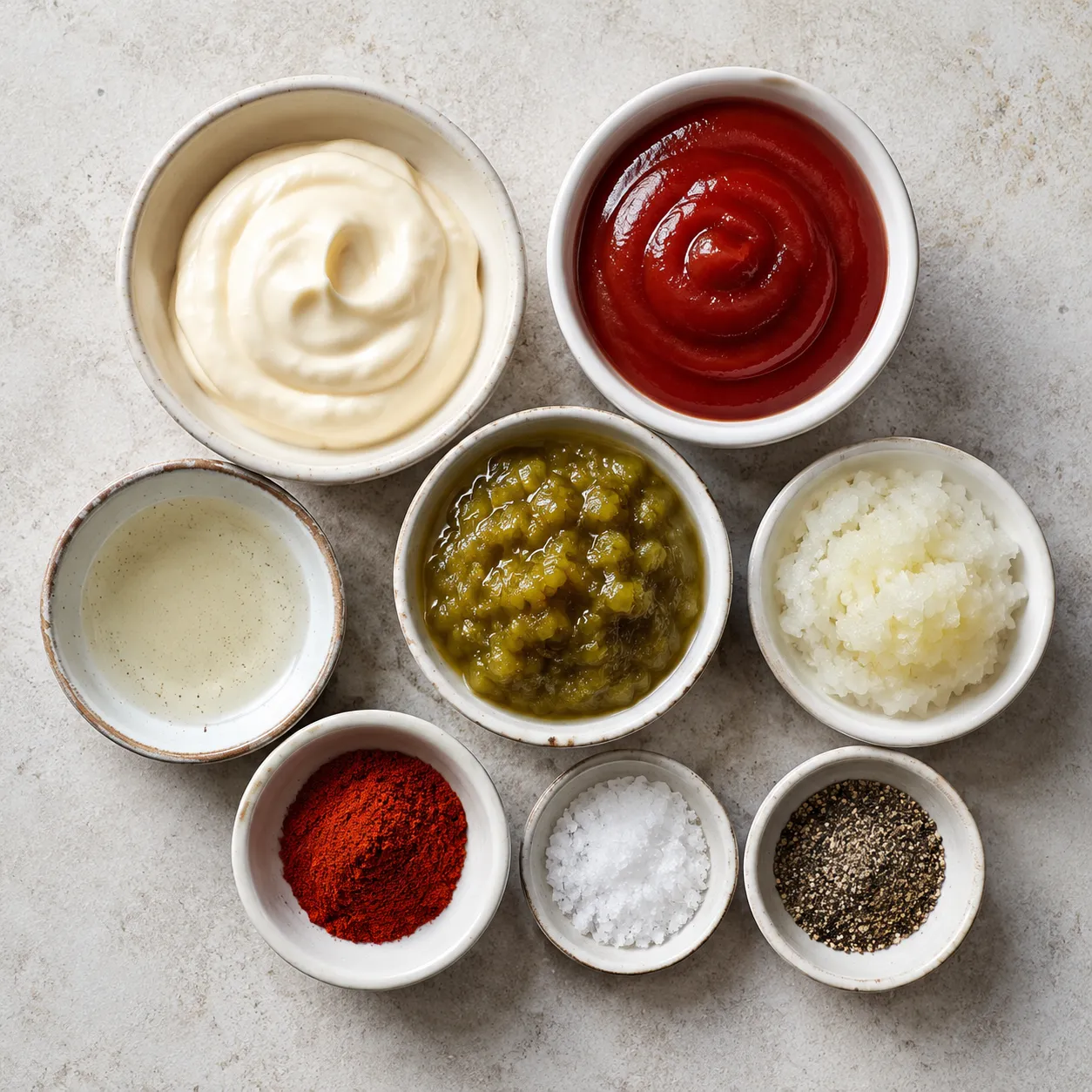 Ingredients for thousand island dressing recipe measured in bowls