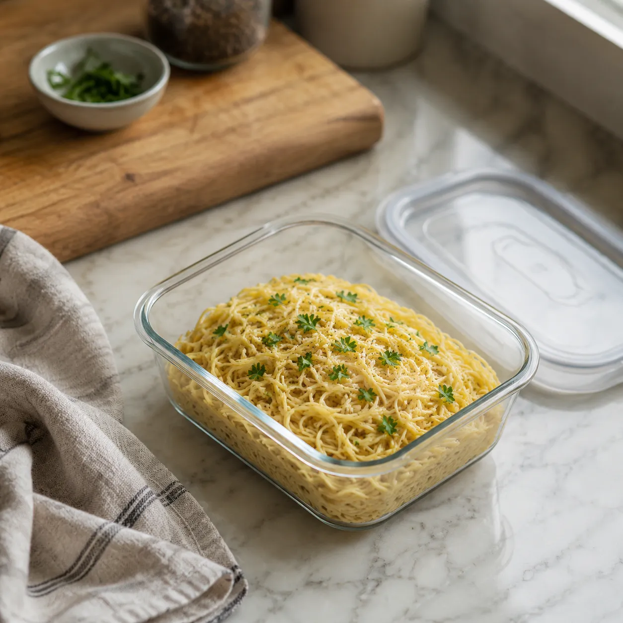 Leftover butter noodles stored in a glass meal-prep container