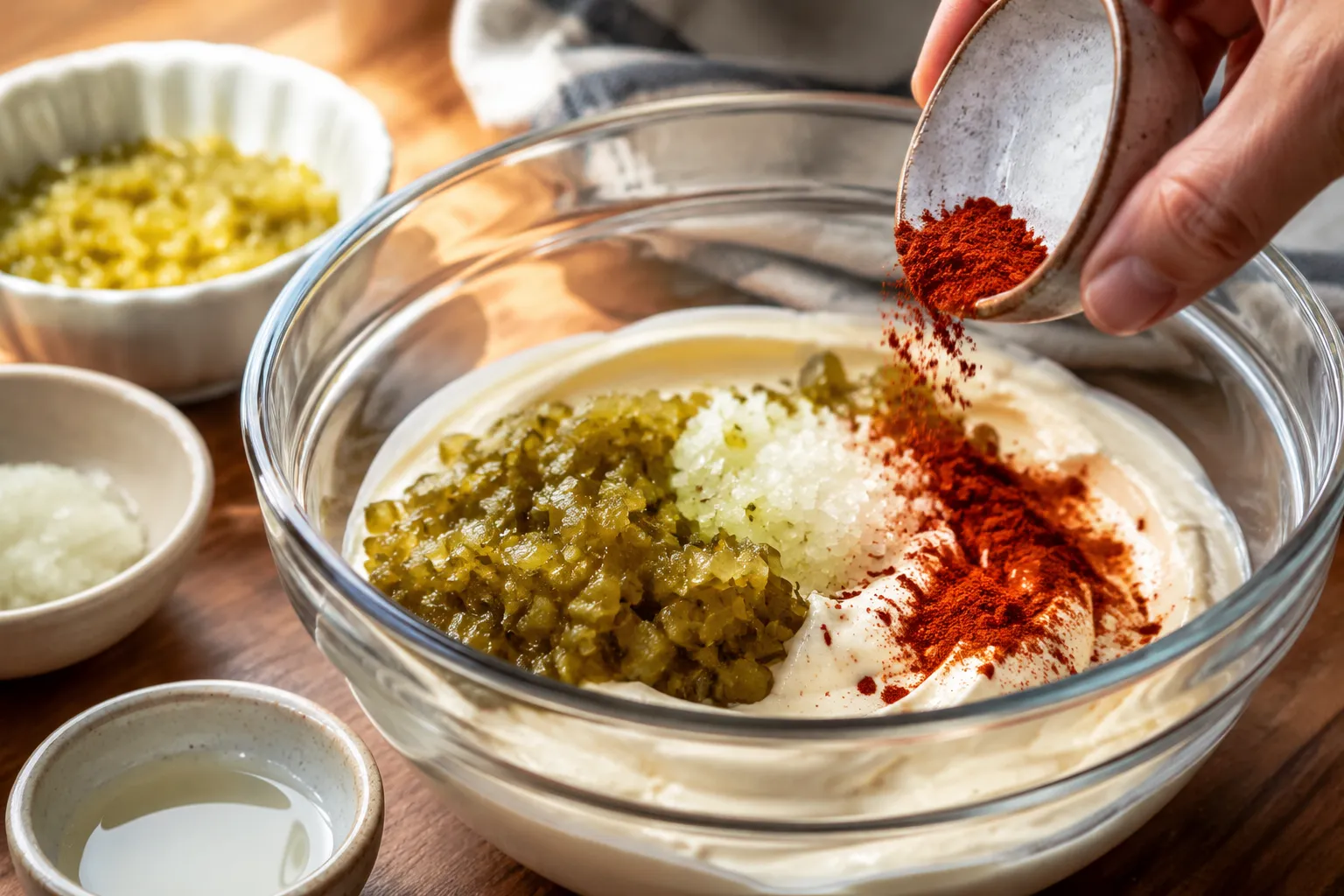 Adding relish and seasonings to homemade thousand island dressing