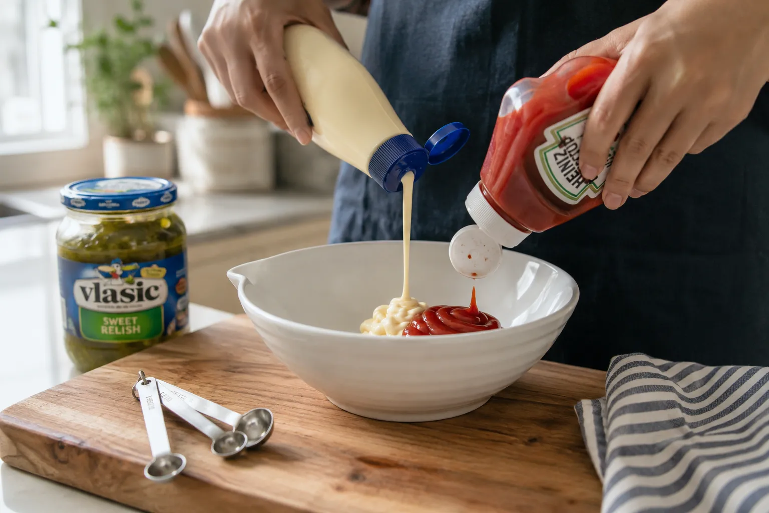 Adding mayonnaise and ketchup to make thousand island dressing