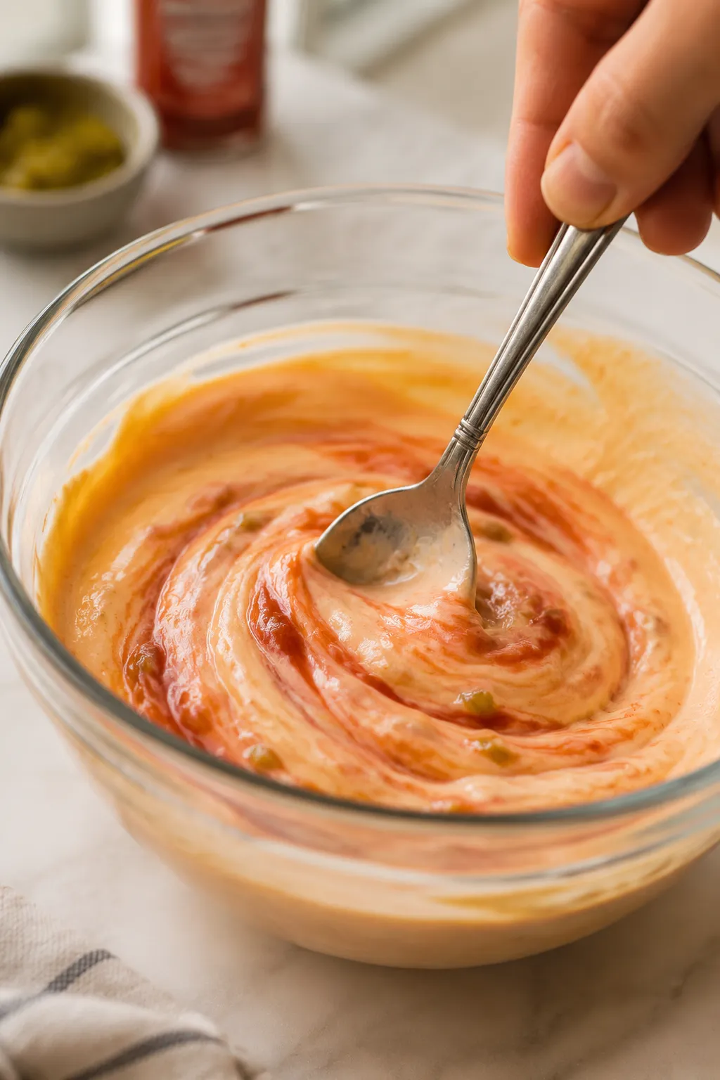 Stirring thousand island dressing until smooth and creamy