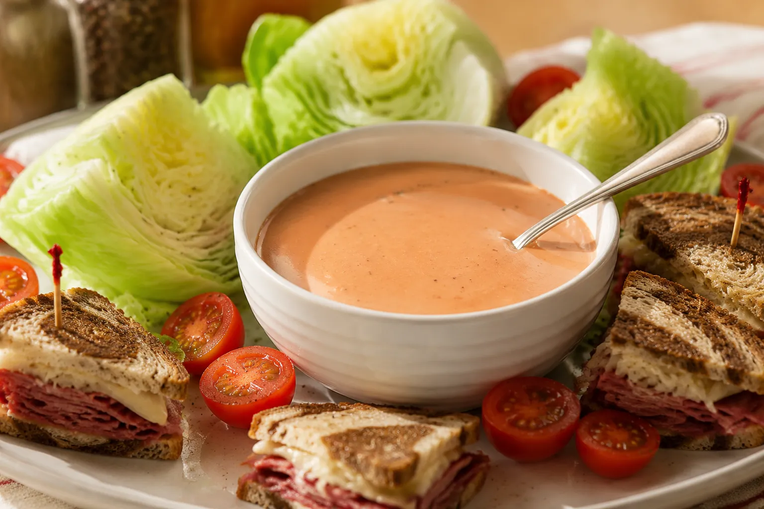 Finished thousand island dressing served with salad and sandwiches