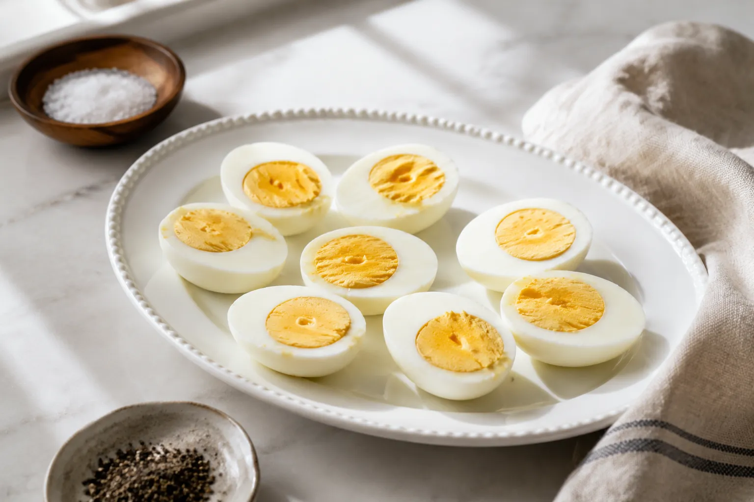 Air fryer hard boiled eggs served peeled and halved on a platter