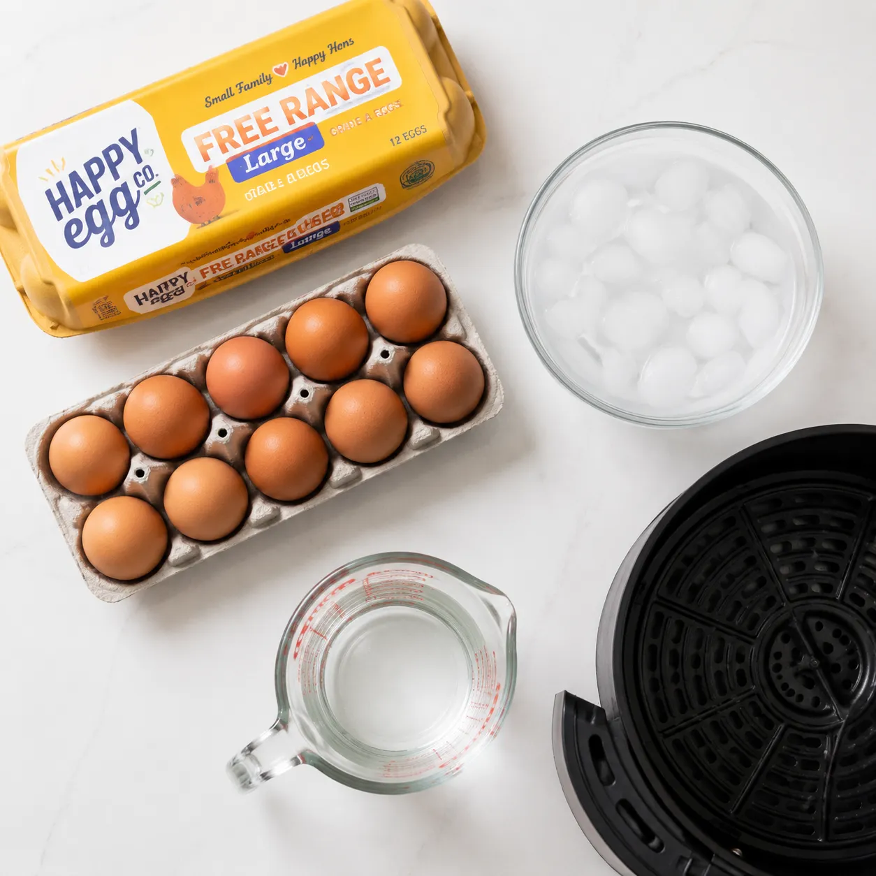 Ingredients for air fryer hard boiled eggs with eggs ice and water