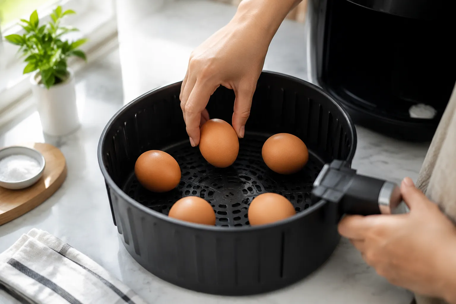Placing eggs in basket for hard boiled eggs in air fryer