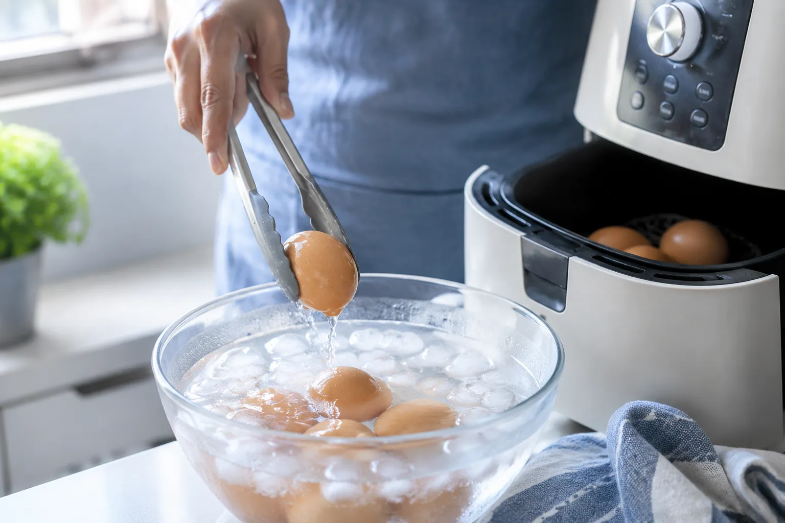 Transferring air fryer hard boiled eggs to an ice bath