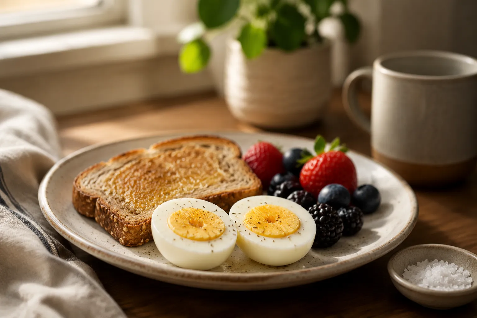 Finished plate of air fryer hard boiled eggs for breakfast