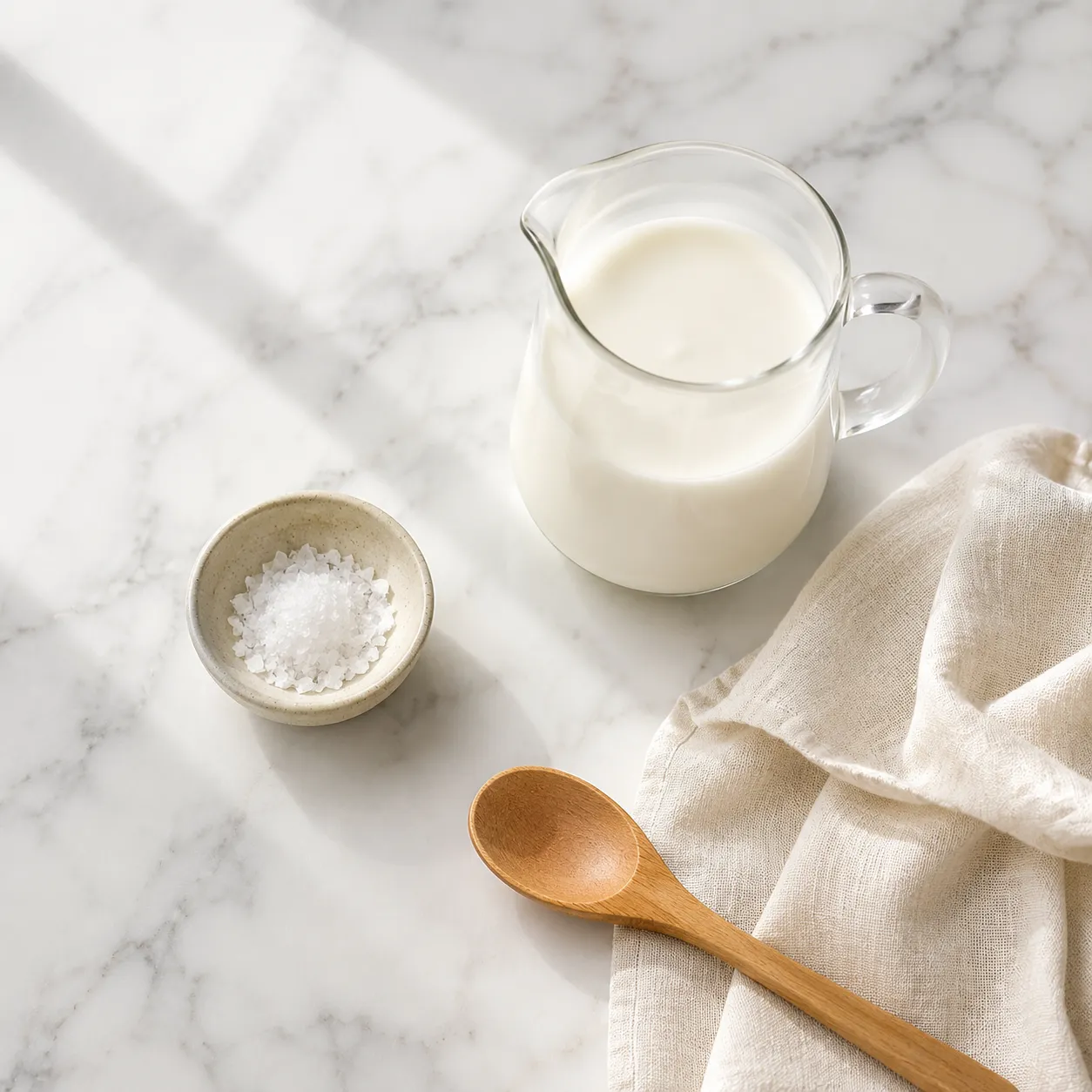 Homemade butter ingredients flatlay with heavy cream and sea salt