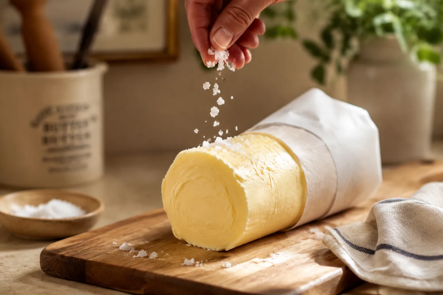 Shaping and salting homemade butter into a log on parchment