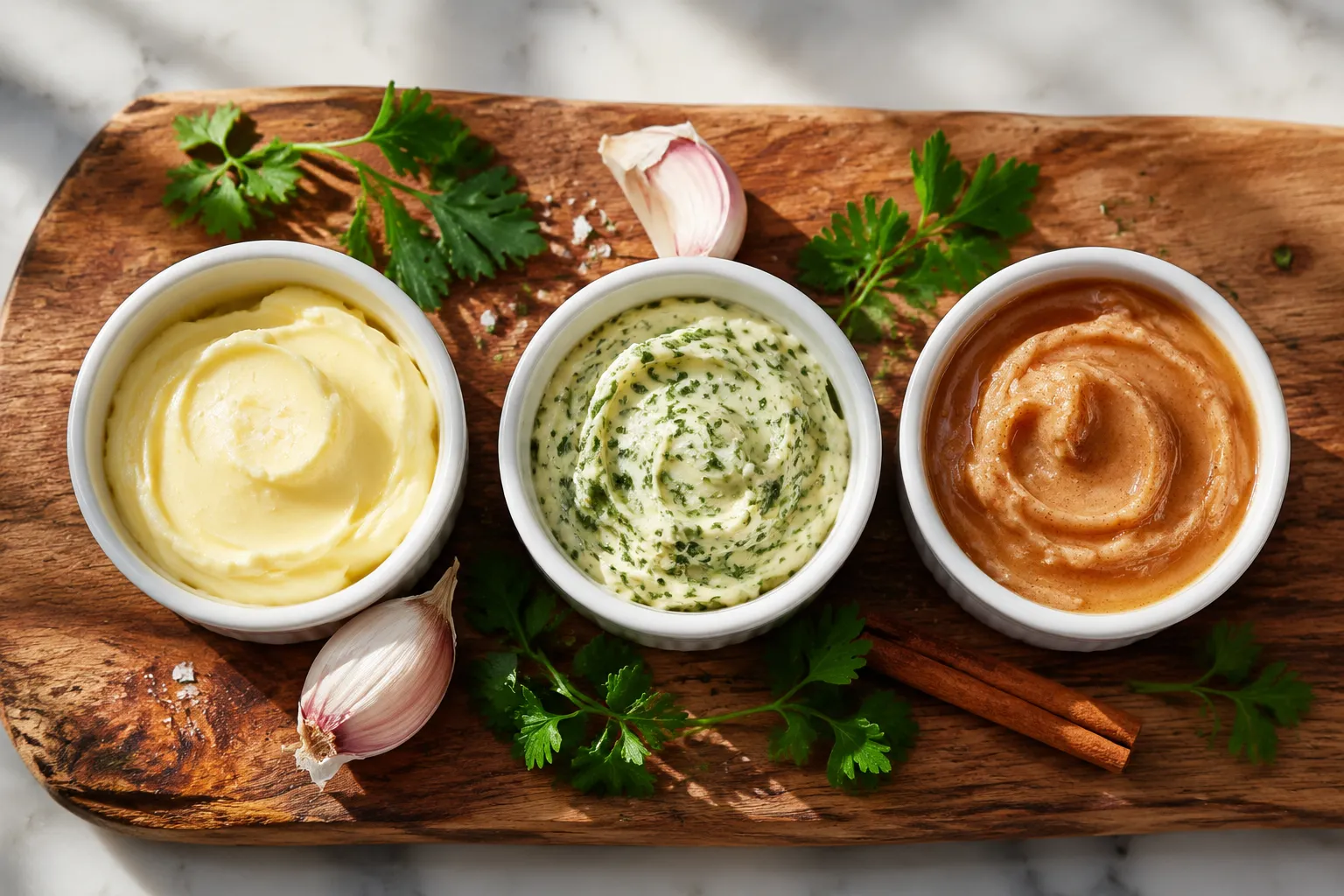 Three homemade butter flavors: salted, garlic herb, and honey cinnamon