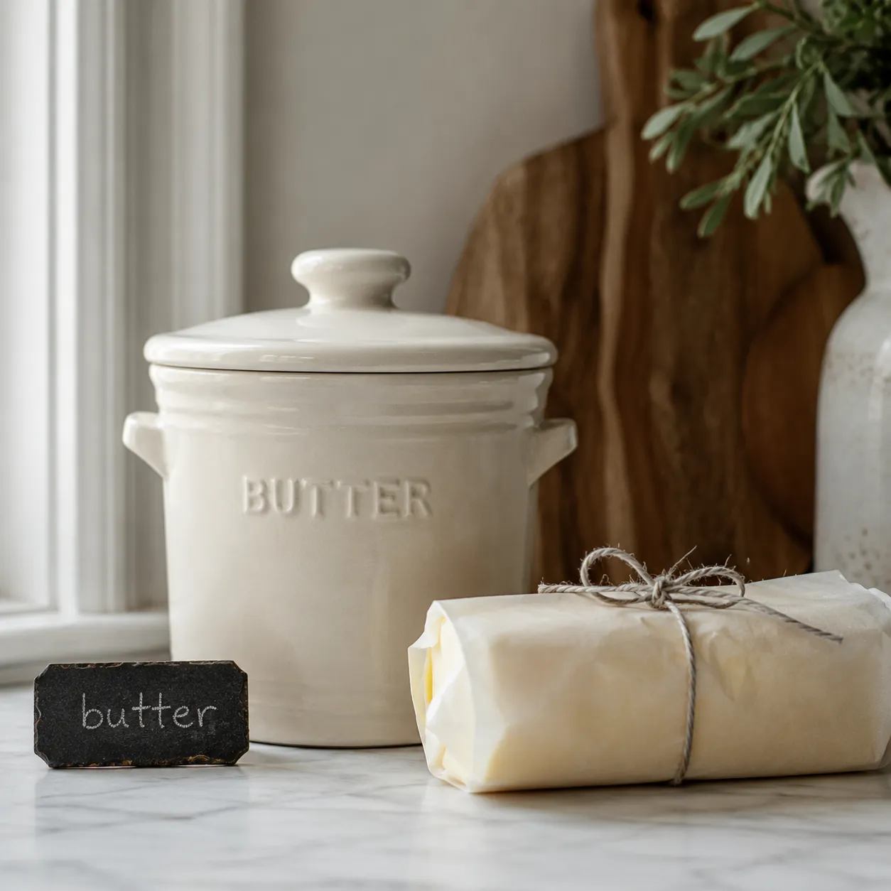 How to store homemade butter in a crock and parchment wrap