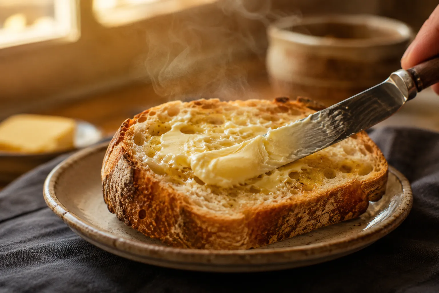 Spreading fresh homemade butter on warm crusty bread