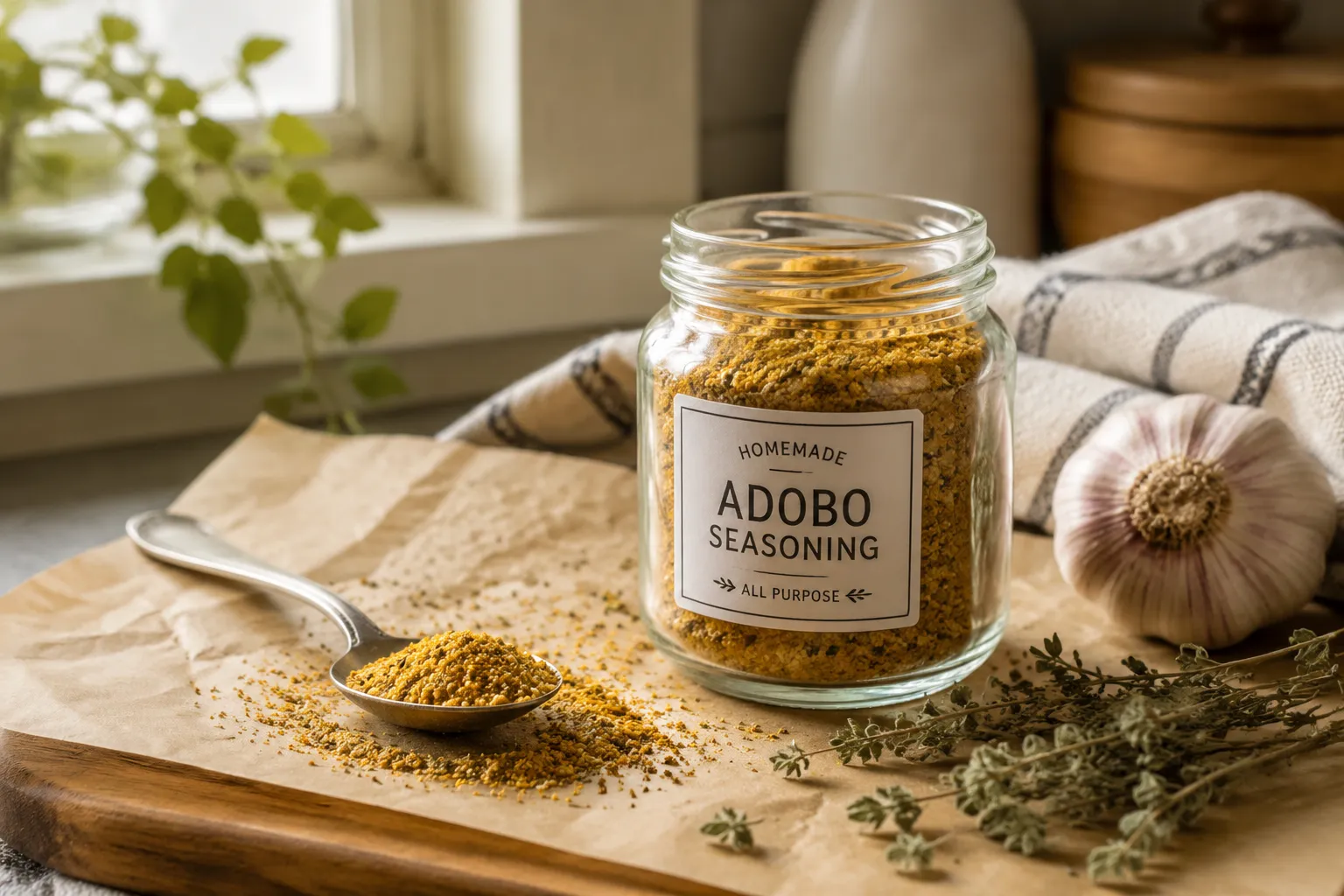Jar of homemade adobo seasoning with a spoonful of spice blend