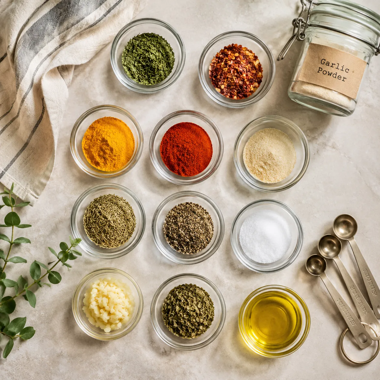 Ingredients for homemade adobo seasoning measured in small bowls