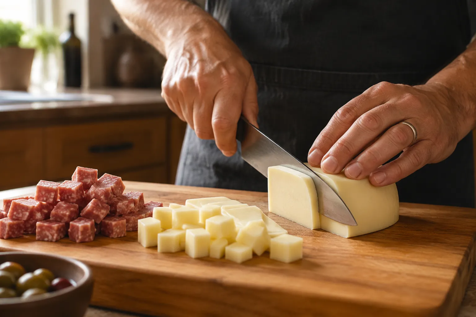 Cubing provolone cheese for antipasto salad on a wooden board