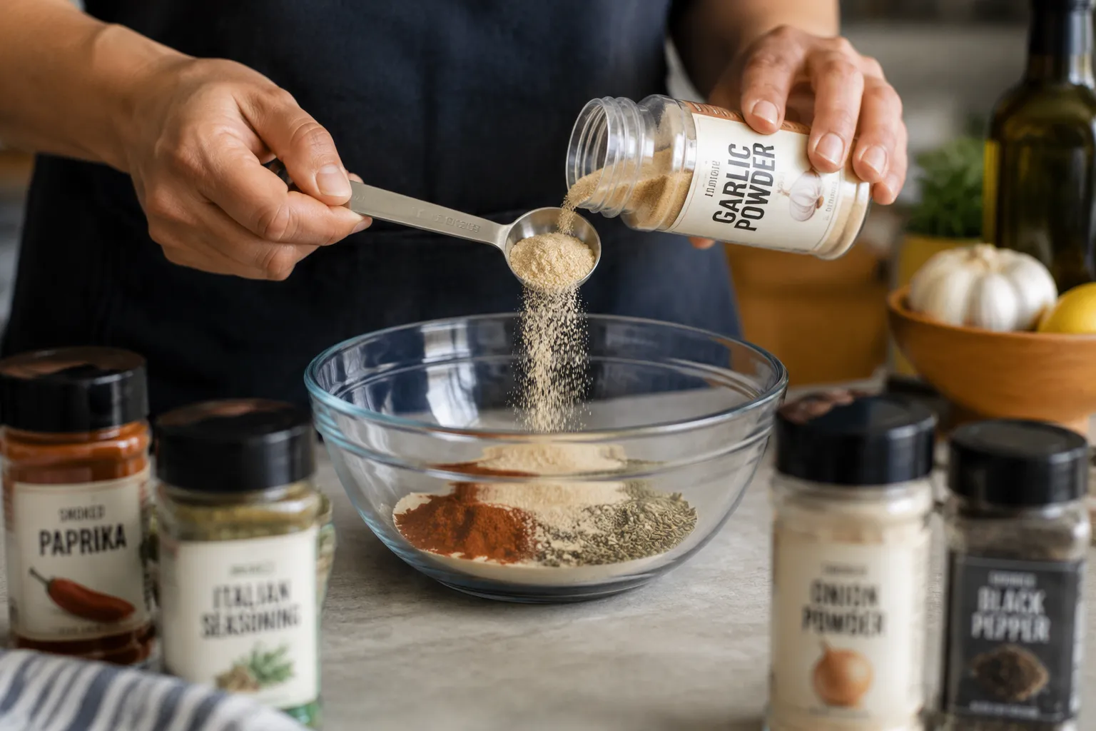 Measuring garlic powder for adobo seasoning