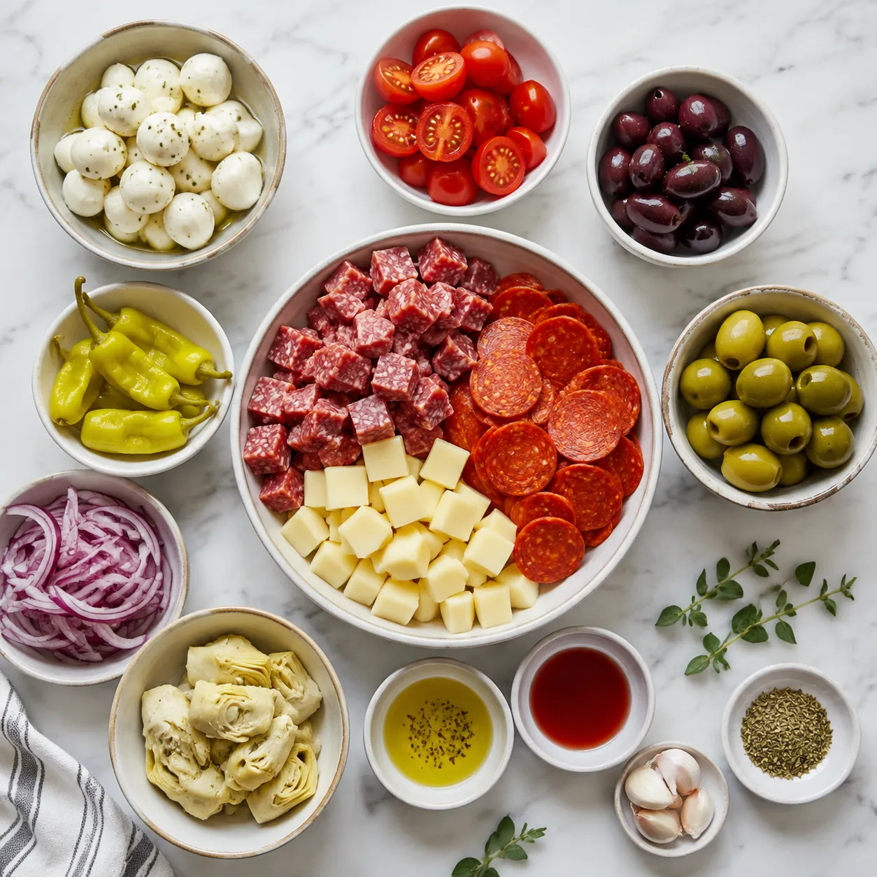 Antipasto salad ingredients flatlay with Italian meats, cheeses, and olives