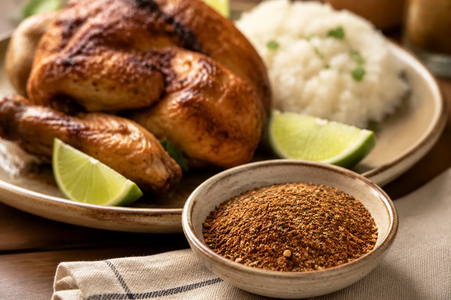 Adobo seasoning served with seasoned chicken and rice
