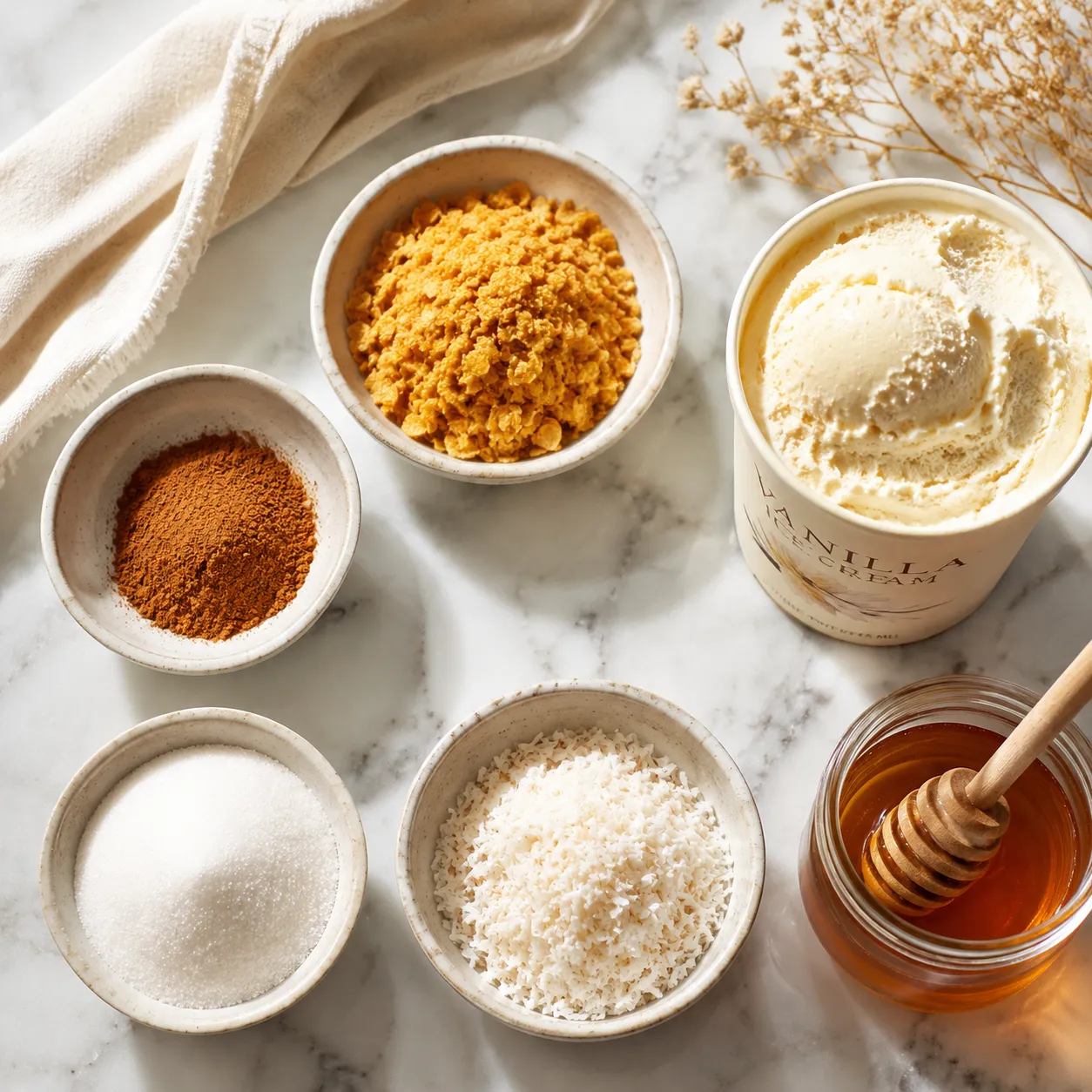 Fried ice cream ingredients flatlay with cornflakes, cinnamon, vanilla ice cream, and honey