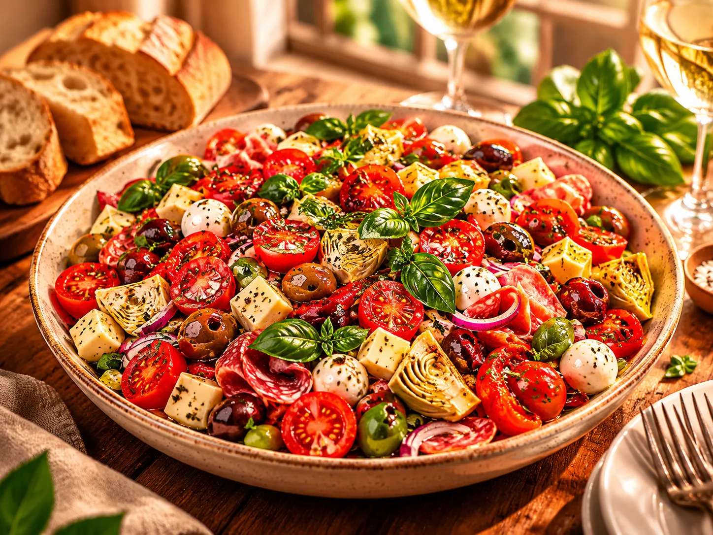 Finished antipasto salad recipe garnished with fresh basil