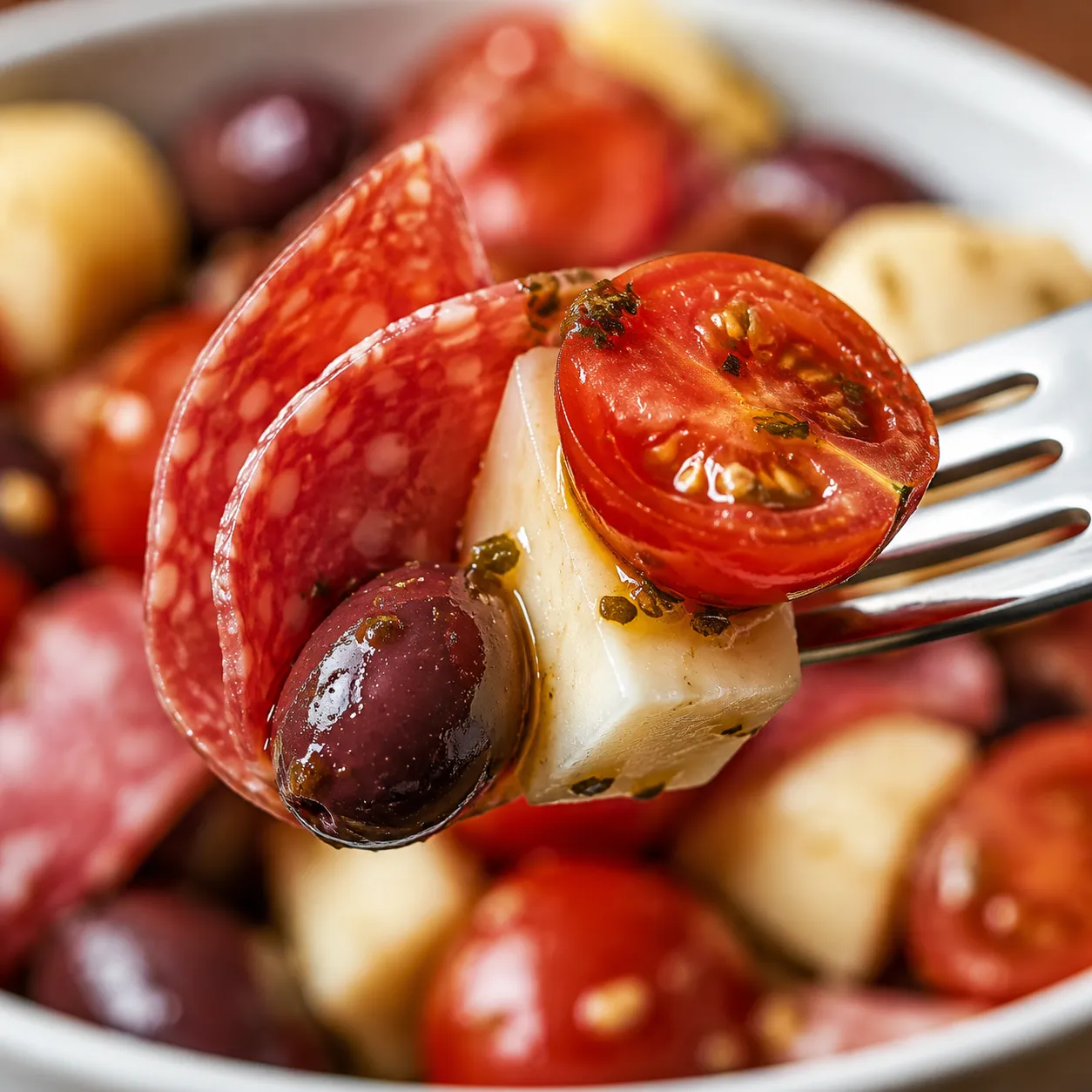 Close-up forkful of antipasto salad with salami, provolone, and olives