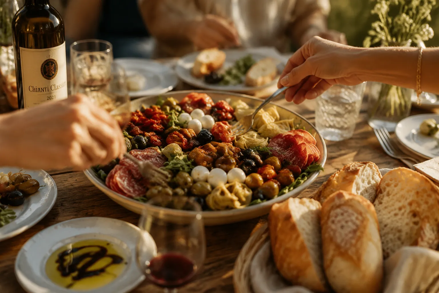 Antipasto salad served family-style with bread and wine