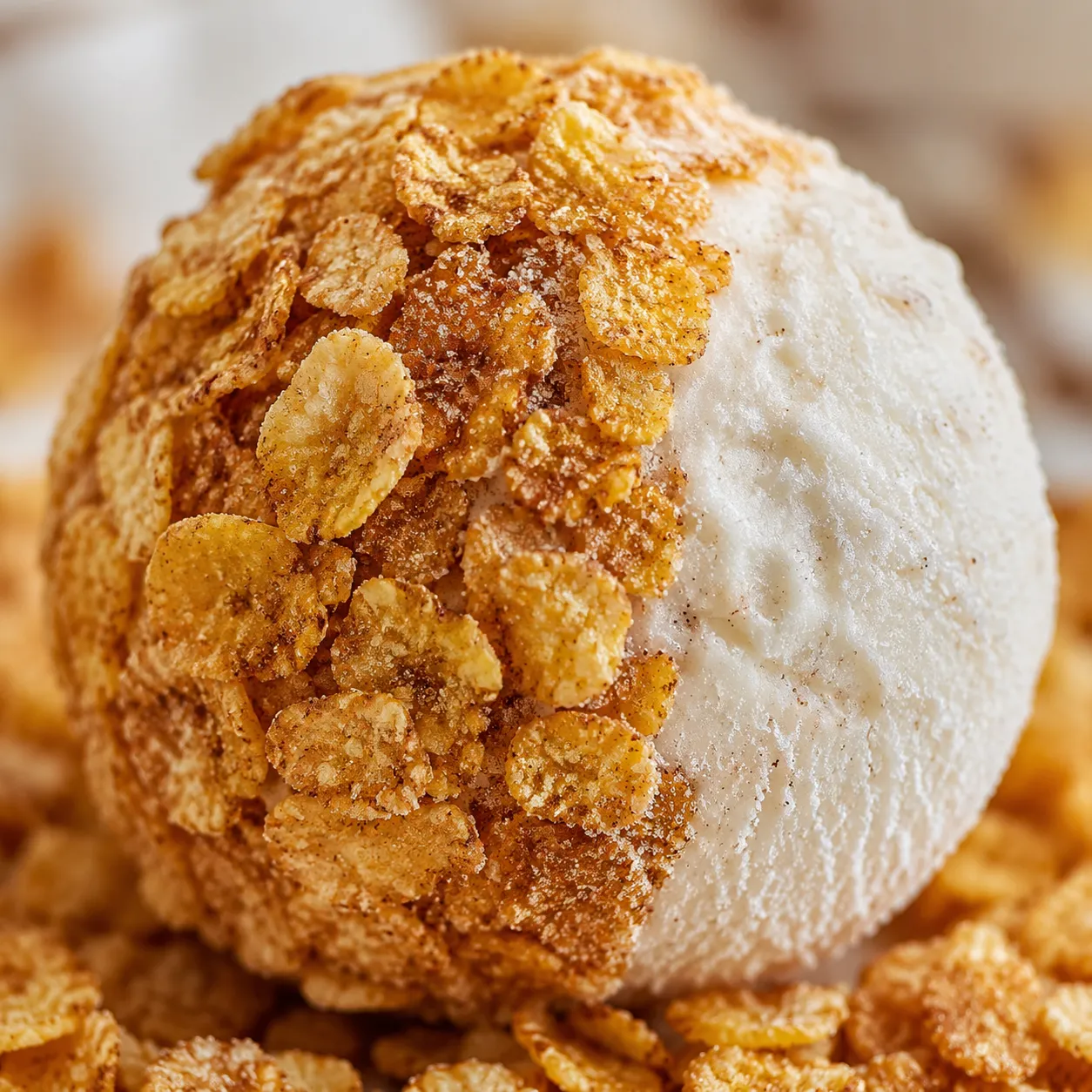 Coating a frozen ice cream ball in crushed cornflakes and cinnamon sugar