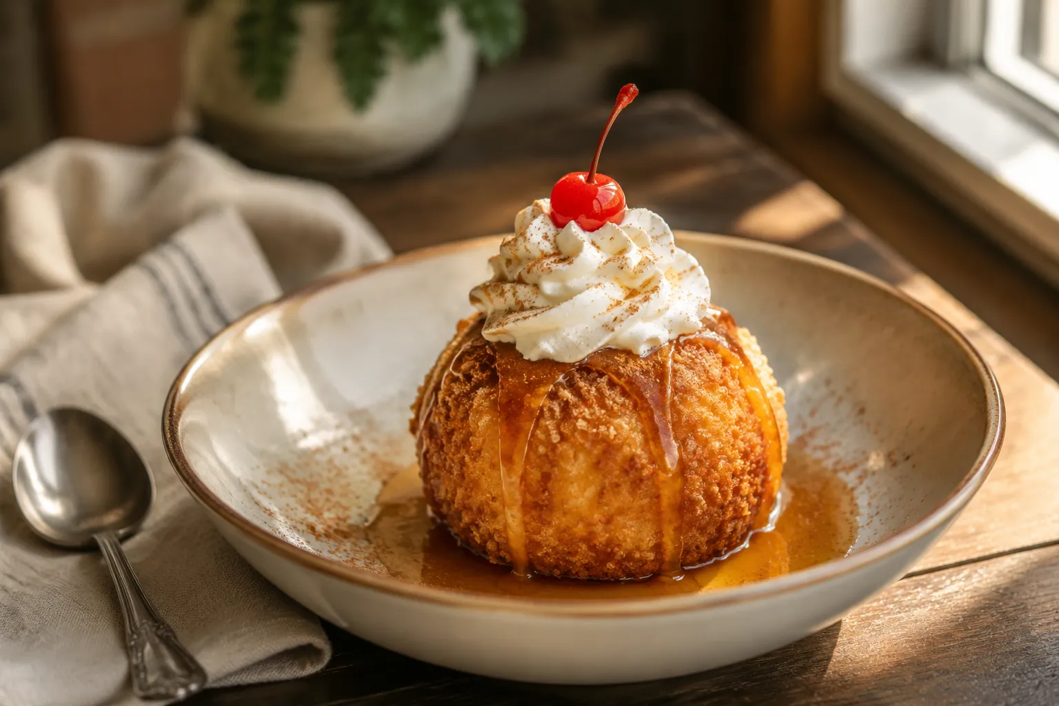Plated fried ice cream recipe topped with honey, whipped cream, and cherry
