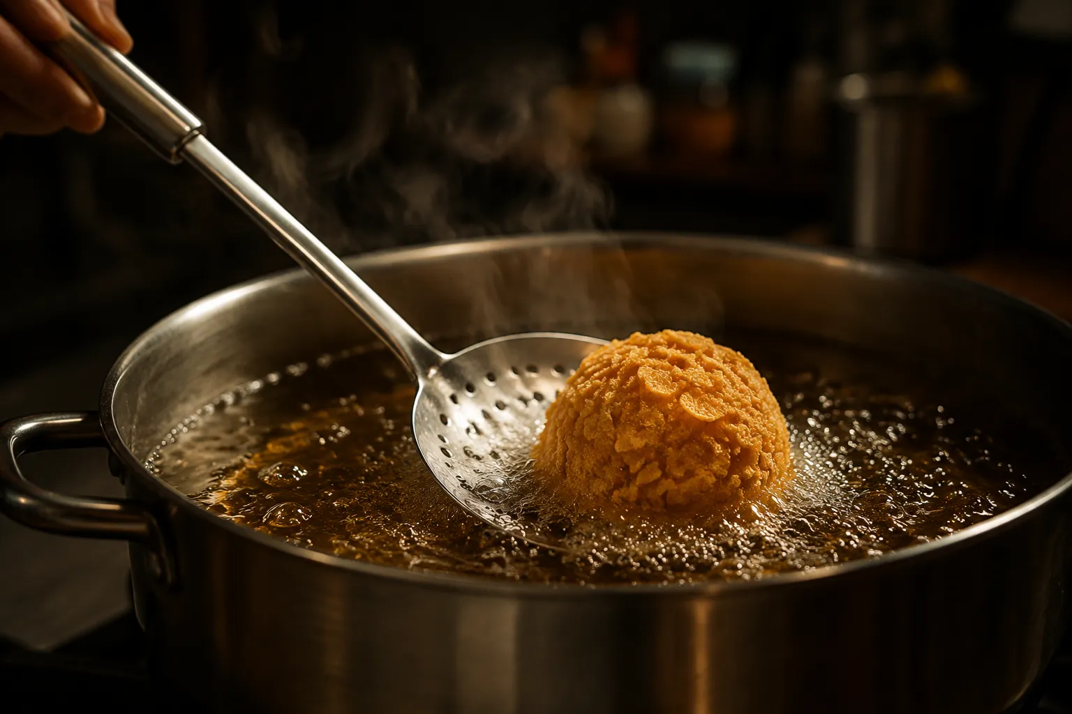 Frying a cornflake-coated ice cream ball in hot oil for 30 seconds