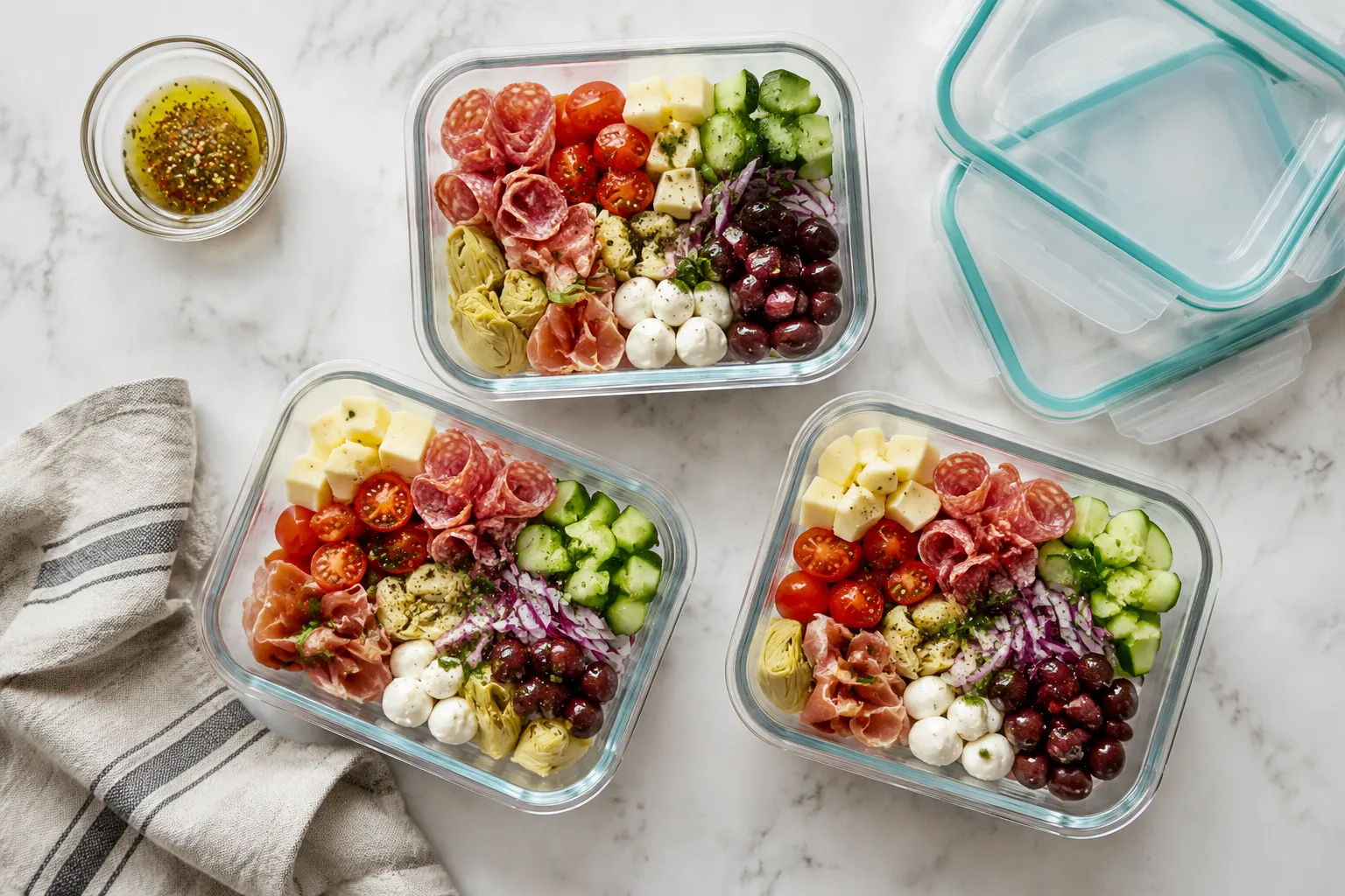 Antipasto salad stored in glass meal-prep containers for the week