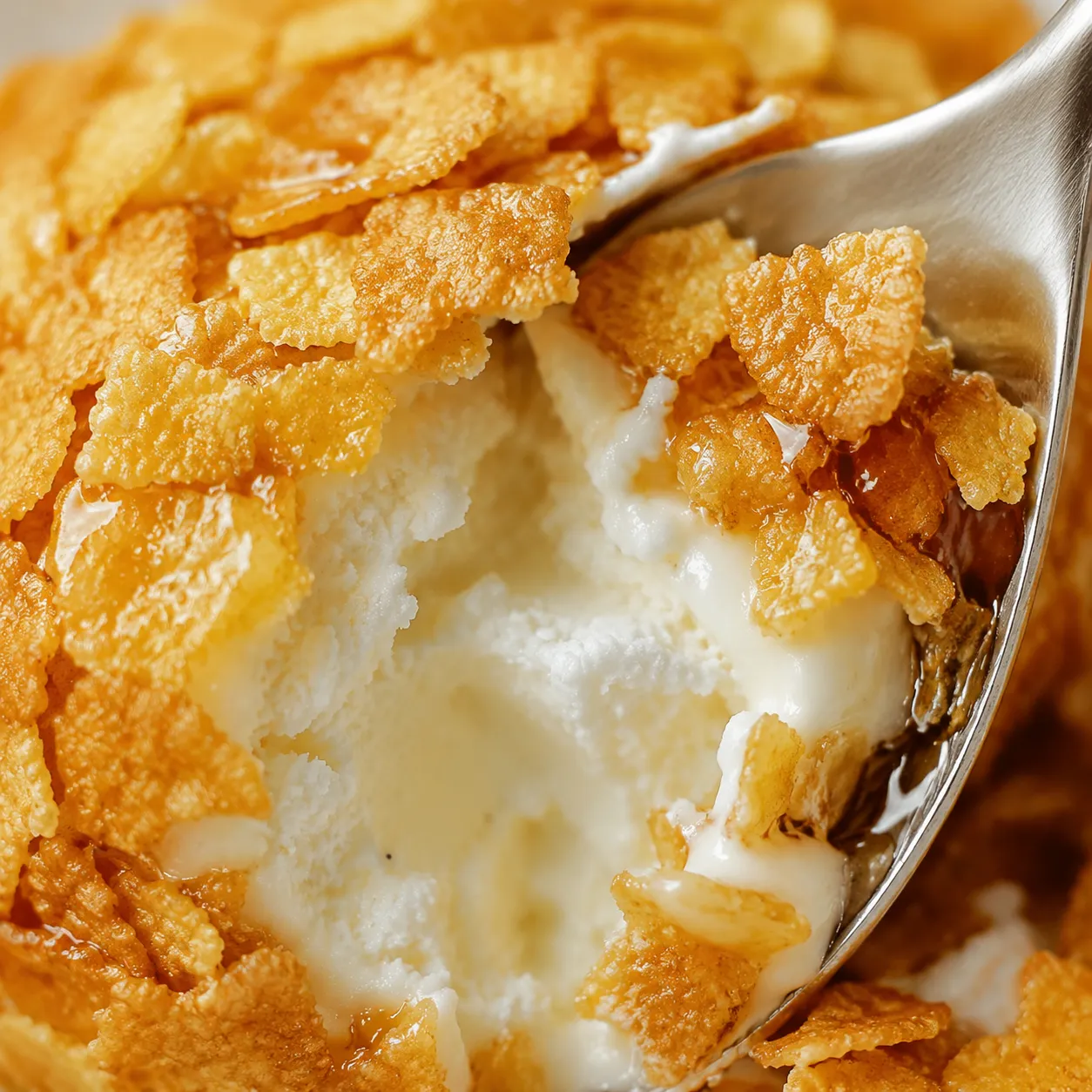 Cracking the crispy cornflake shell of fried ice cream with a spoon