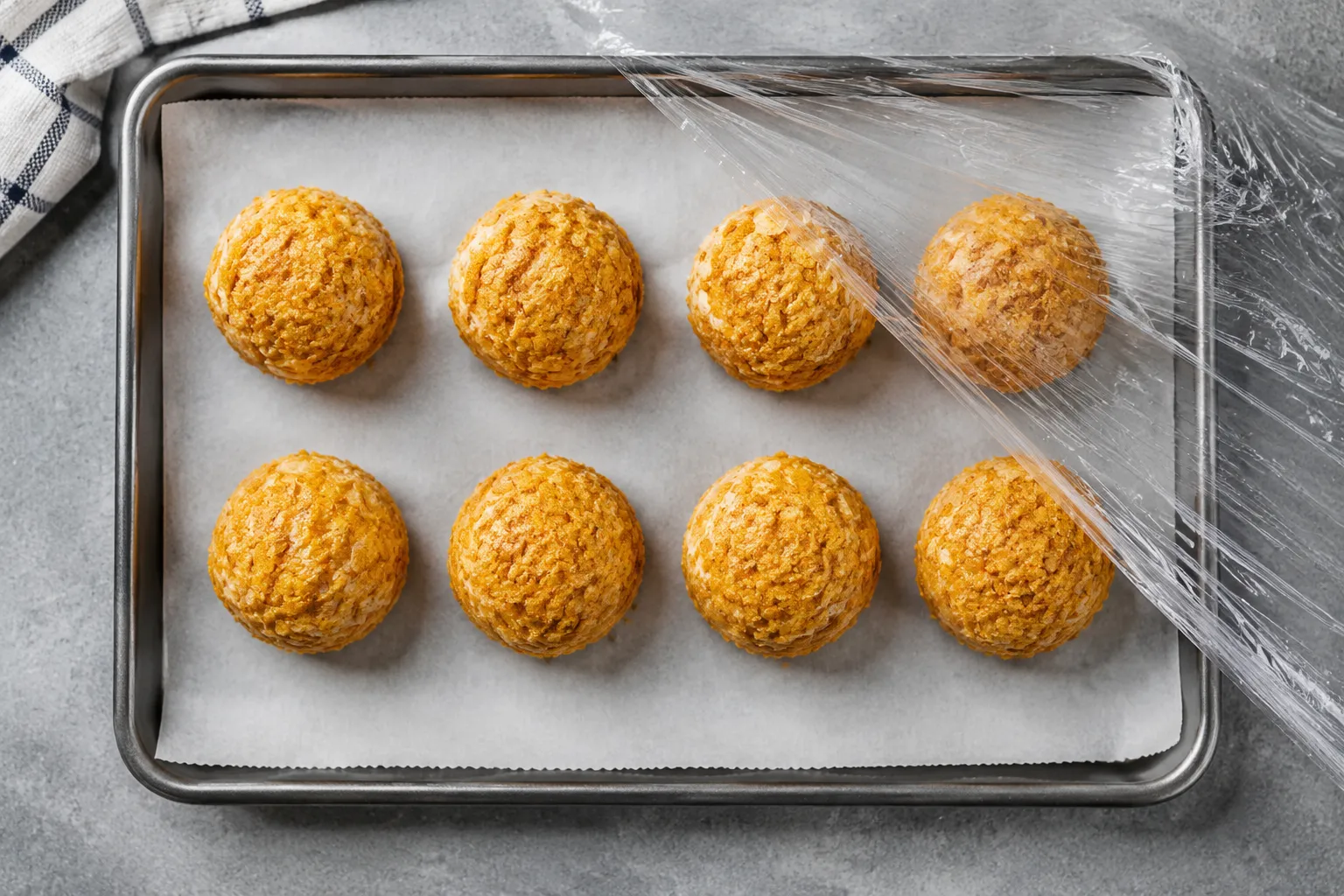 Make-ahead fried ice cream balls coated and ready for the freezer