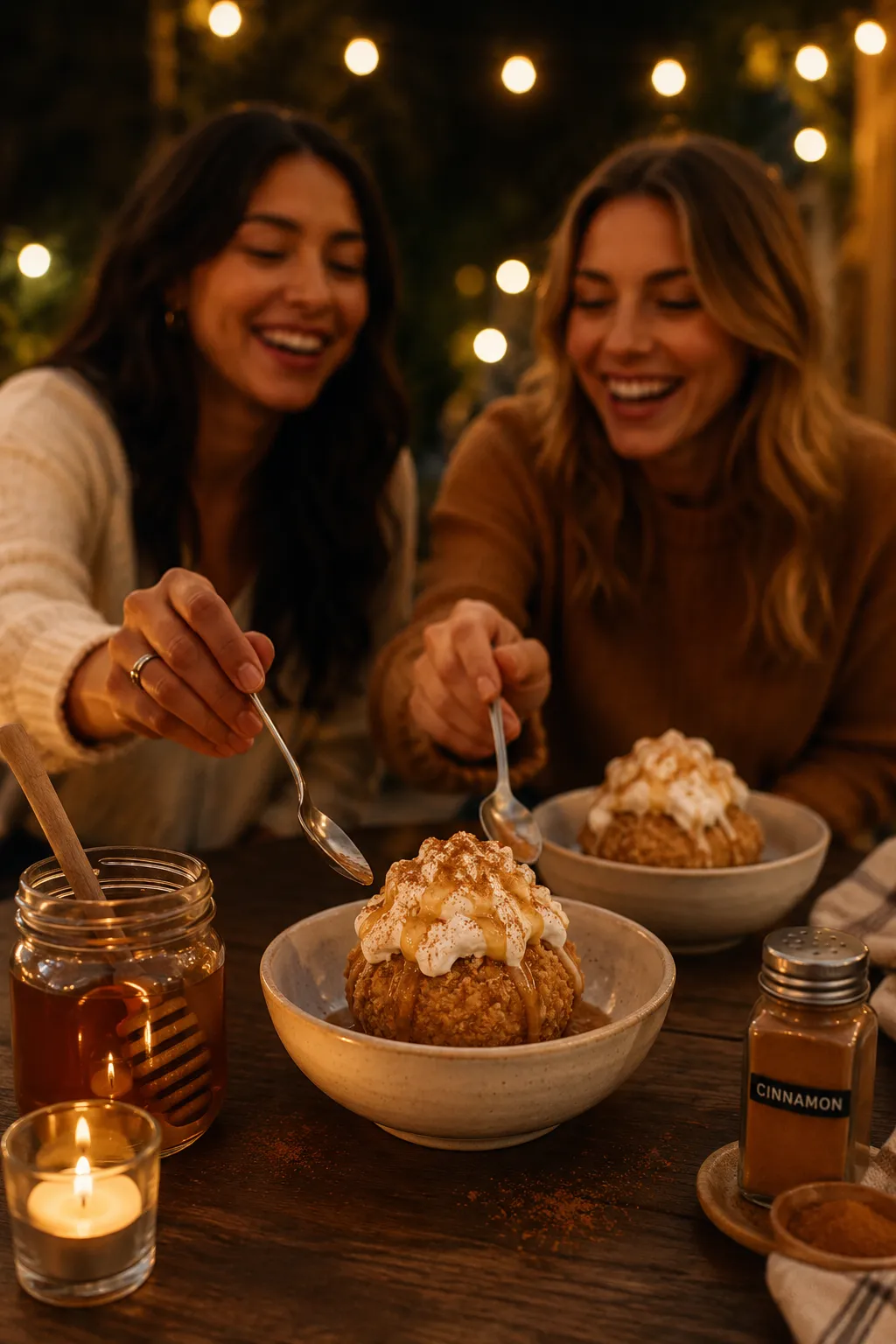 Friends sharing fried ice cream dessert at a cozy dinner table