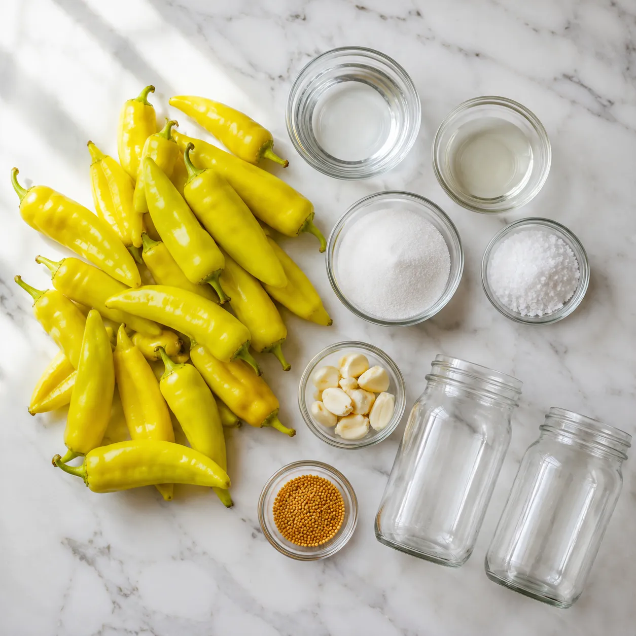Banana peppers pickling ingredients flatlay with vinegar, garlic, and mustard seeds