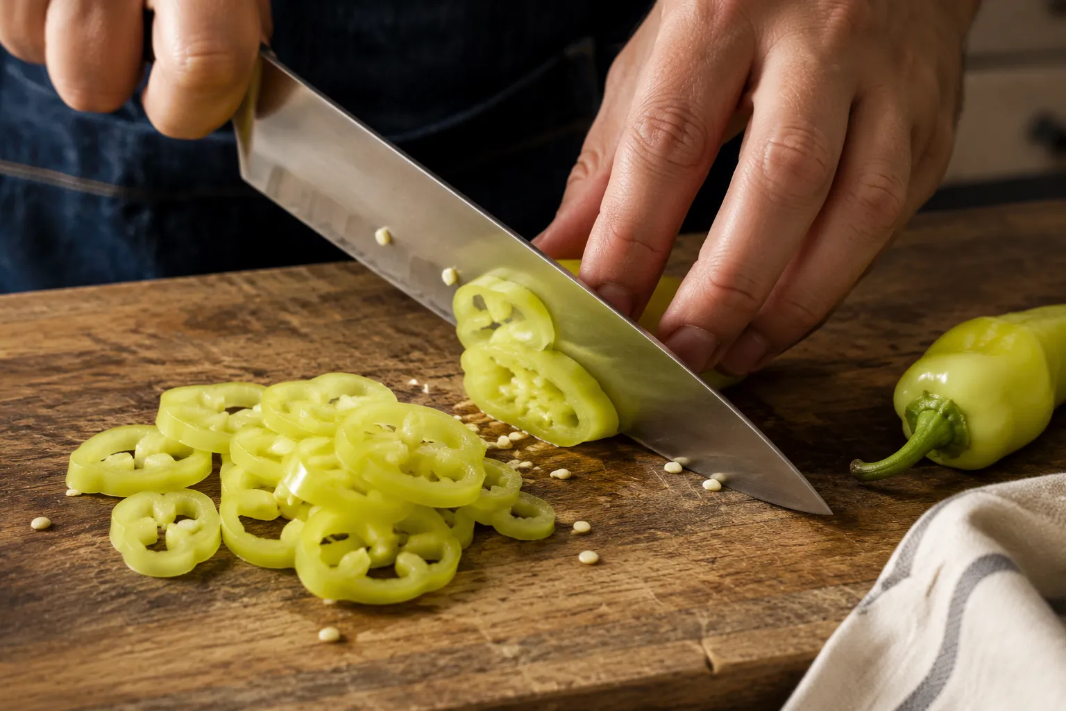 Slicing fresh banana peppers into rings on a wooden cutting board