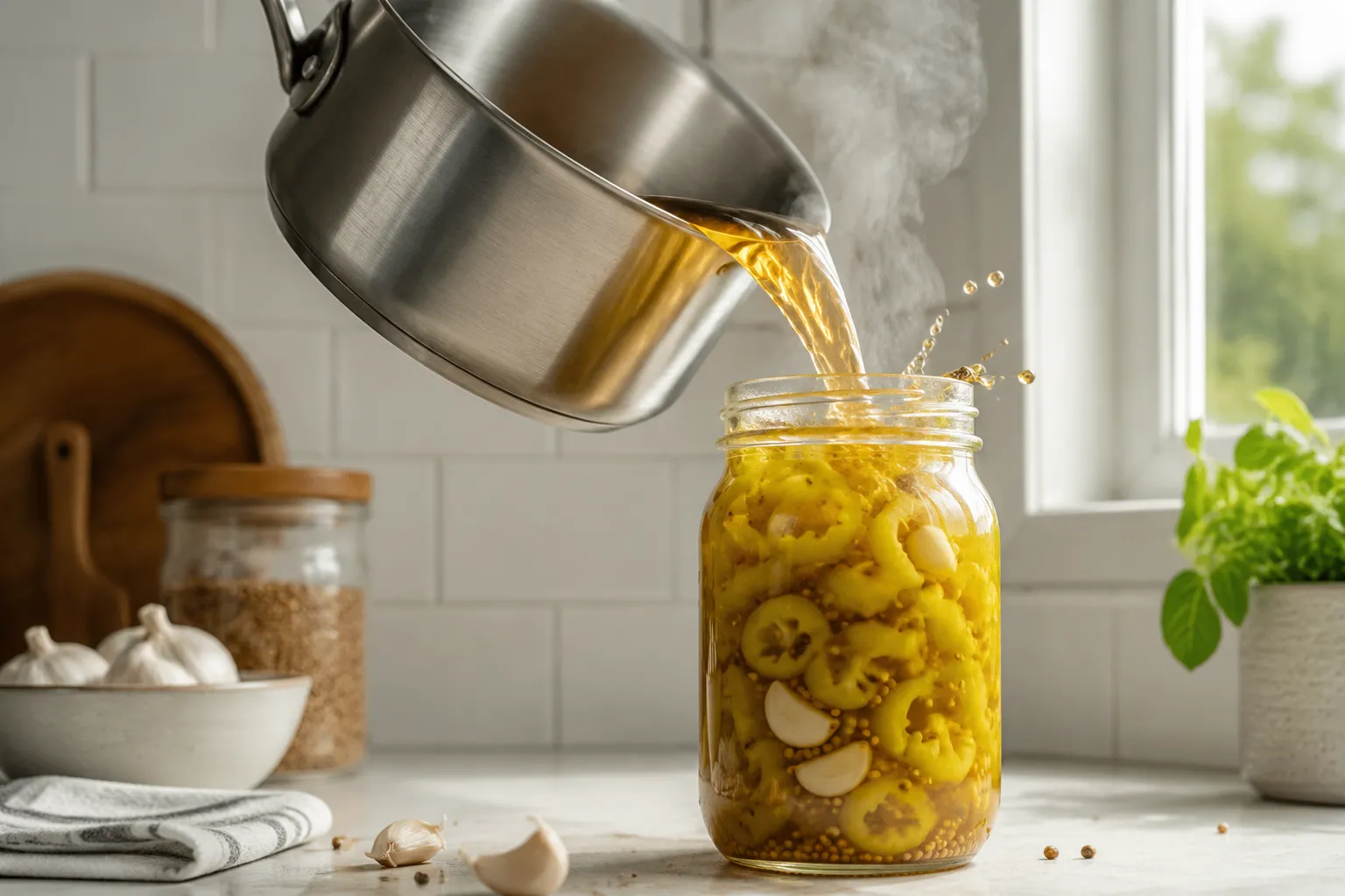 Pouring hot brine over banana pepper rings to make pickled banana peppers
