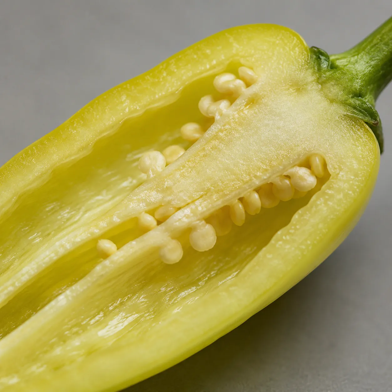 Macro close-up of a halved banana pepper showing seeds and inner ribs