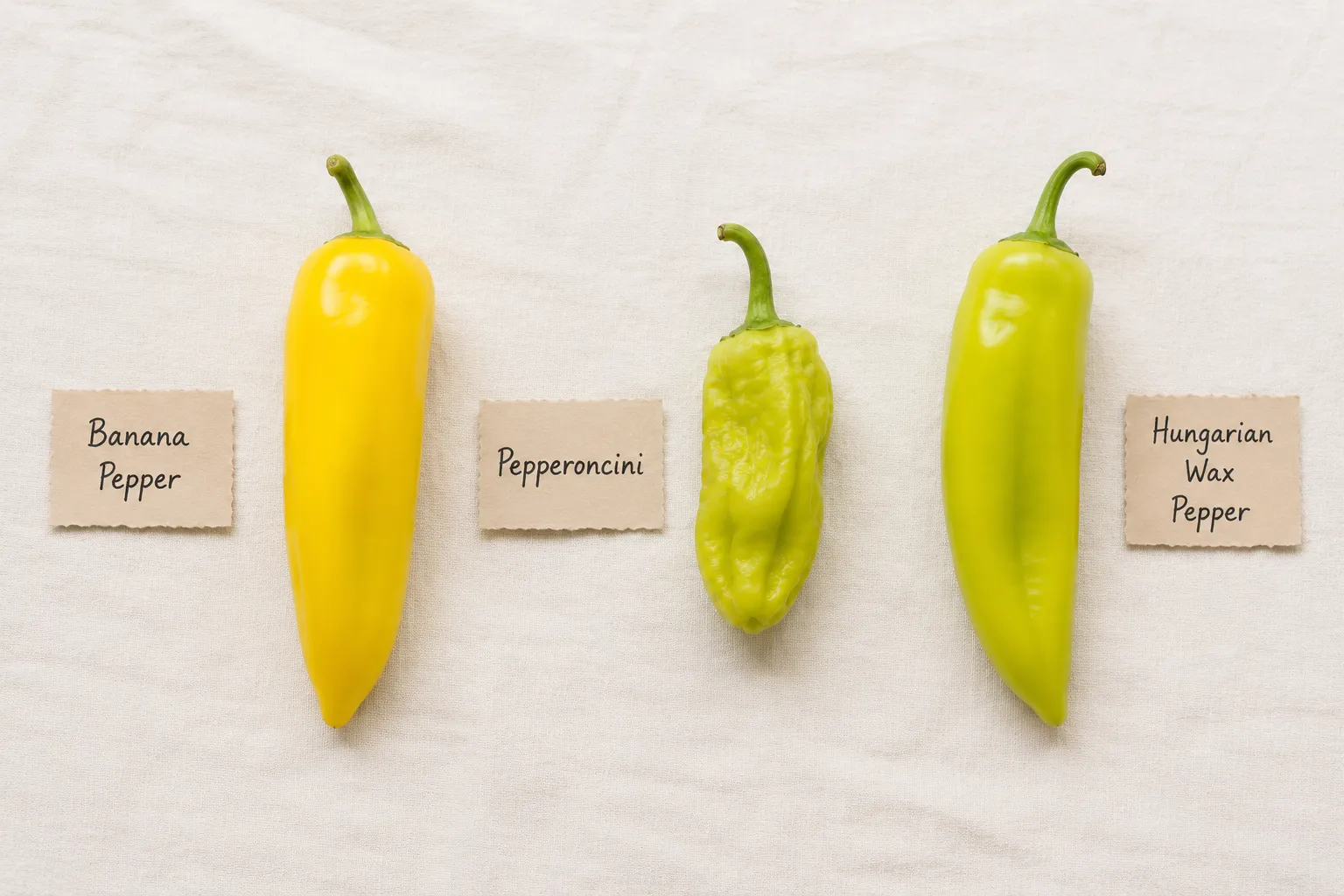 Banana peppers vs pepperoncini vs Hungarian wax peppers side-by-side comparison