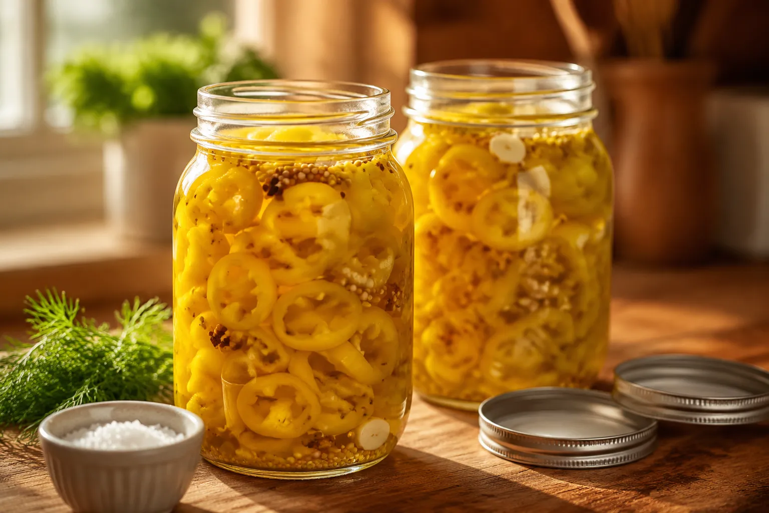 Finished jars of homemade pickled banana peppers on a kitchen counter
