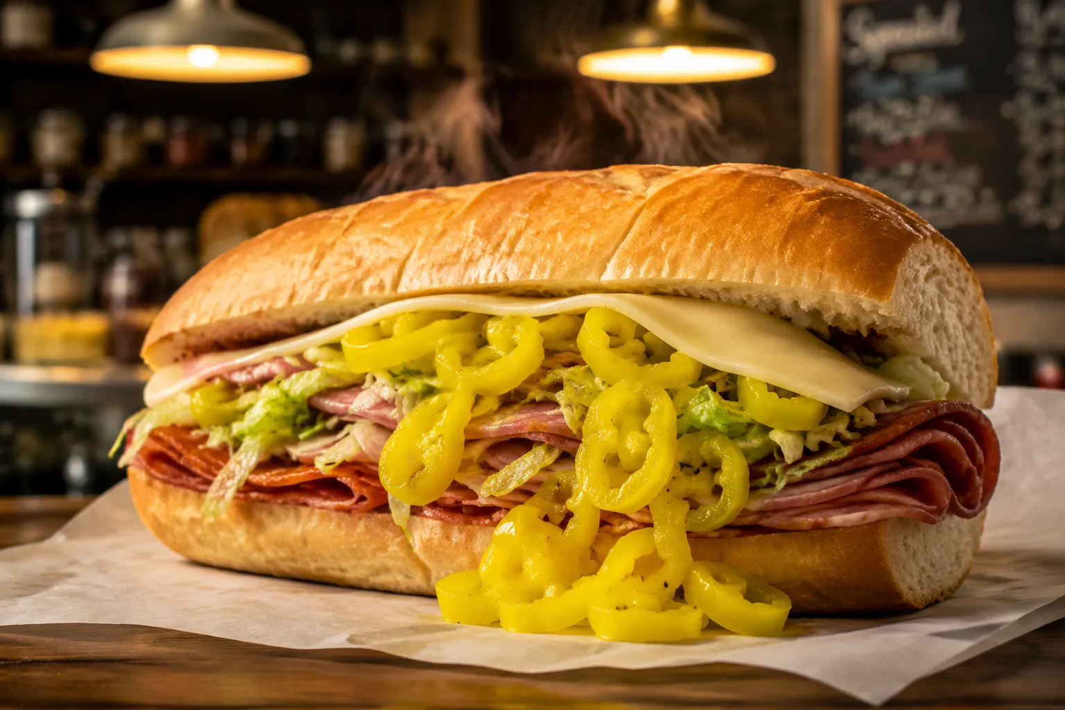 Italian sub sandwich topped with pickled banana peppers spilling out