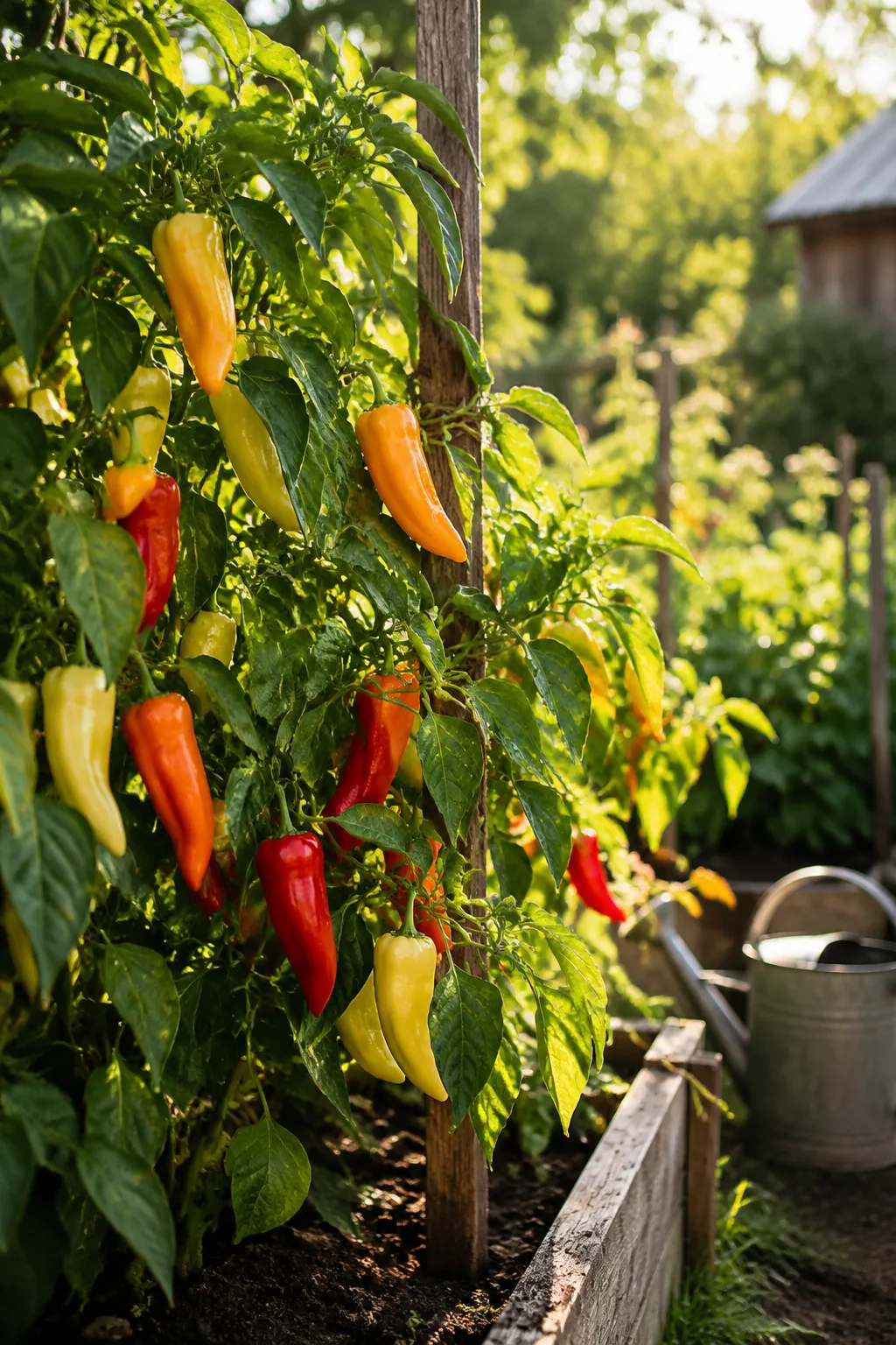 Banana pepper plants growing in a backyard garden with ripening peppers