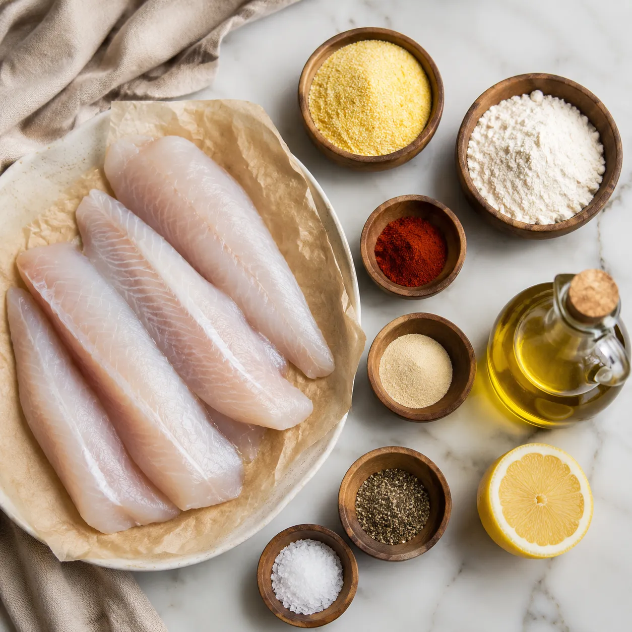Whiting fish ingredients flatlay with cornmeal, spices, and lemon