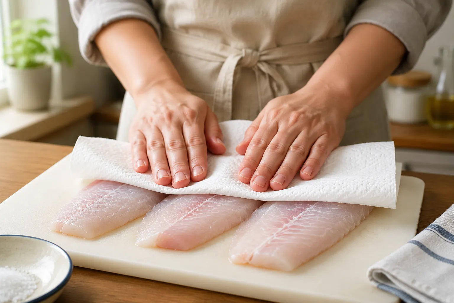Patting whiting fish fillets dry before dredging in cornmeal