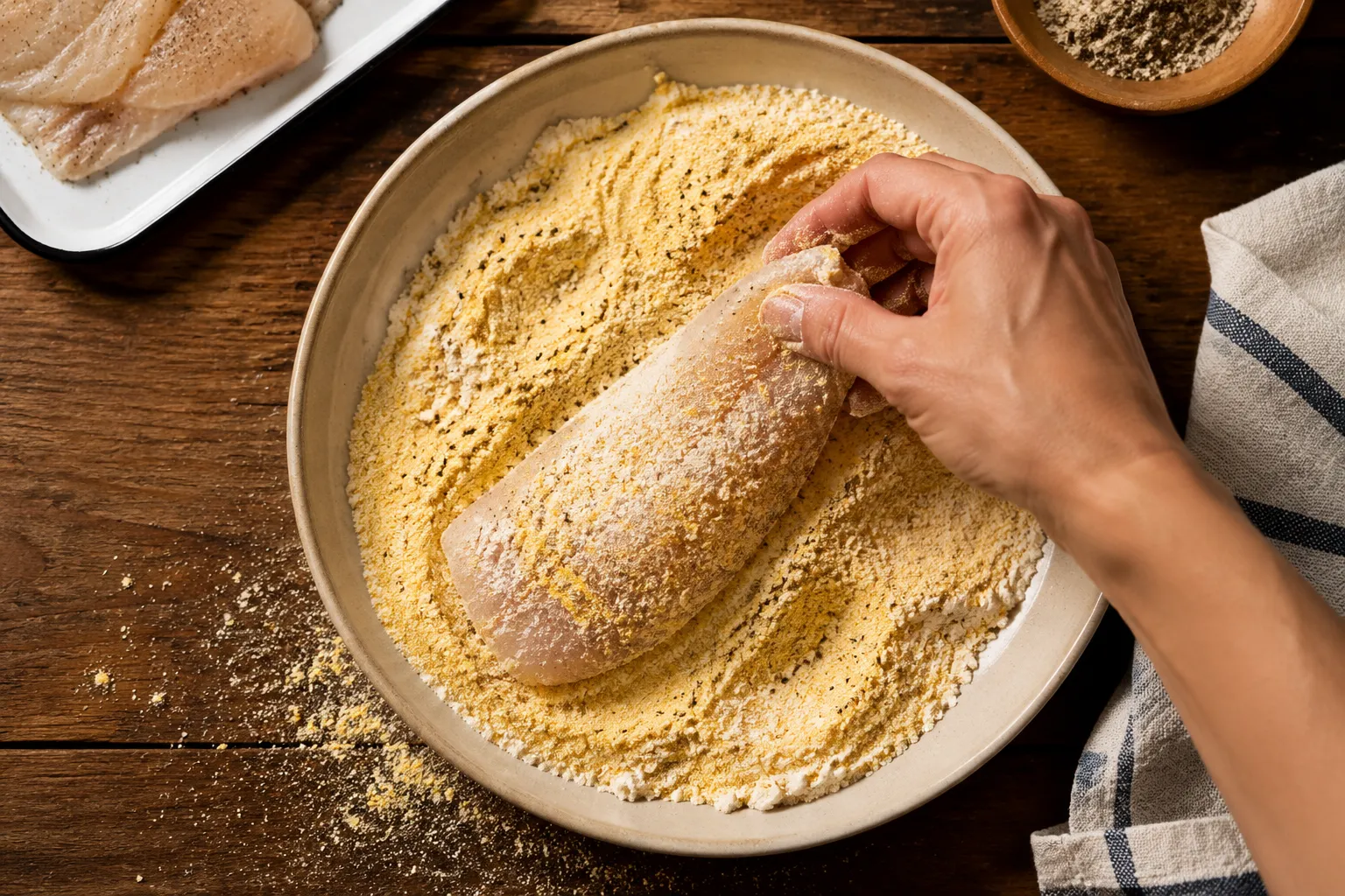 Dredging whiting fish fillet in seasoned cornmeal coating