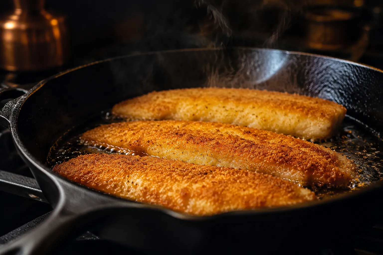 Pan-frying whiting fish fillets in a cast-iron skillet until golden