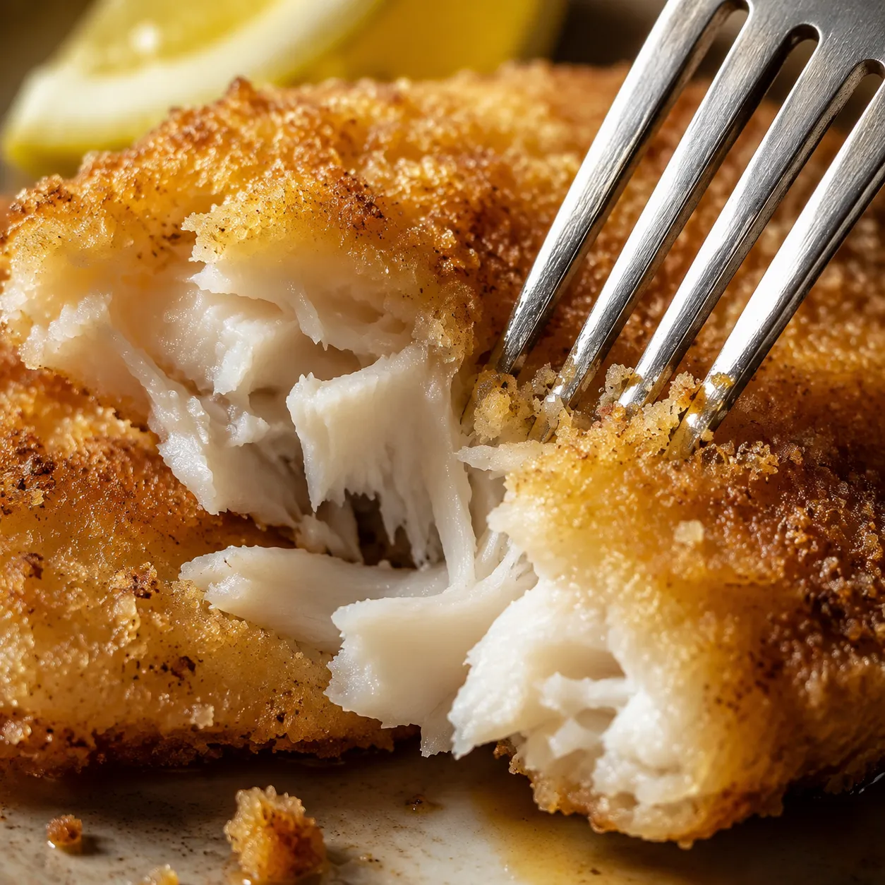 Flaky white interior of crispy whiting fish fillet up close